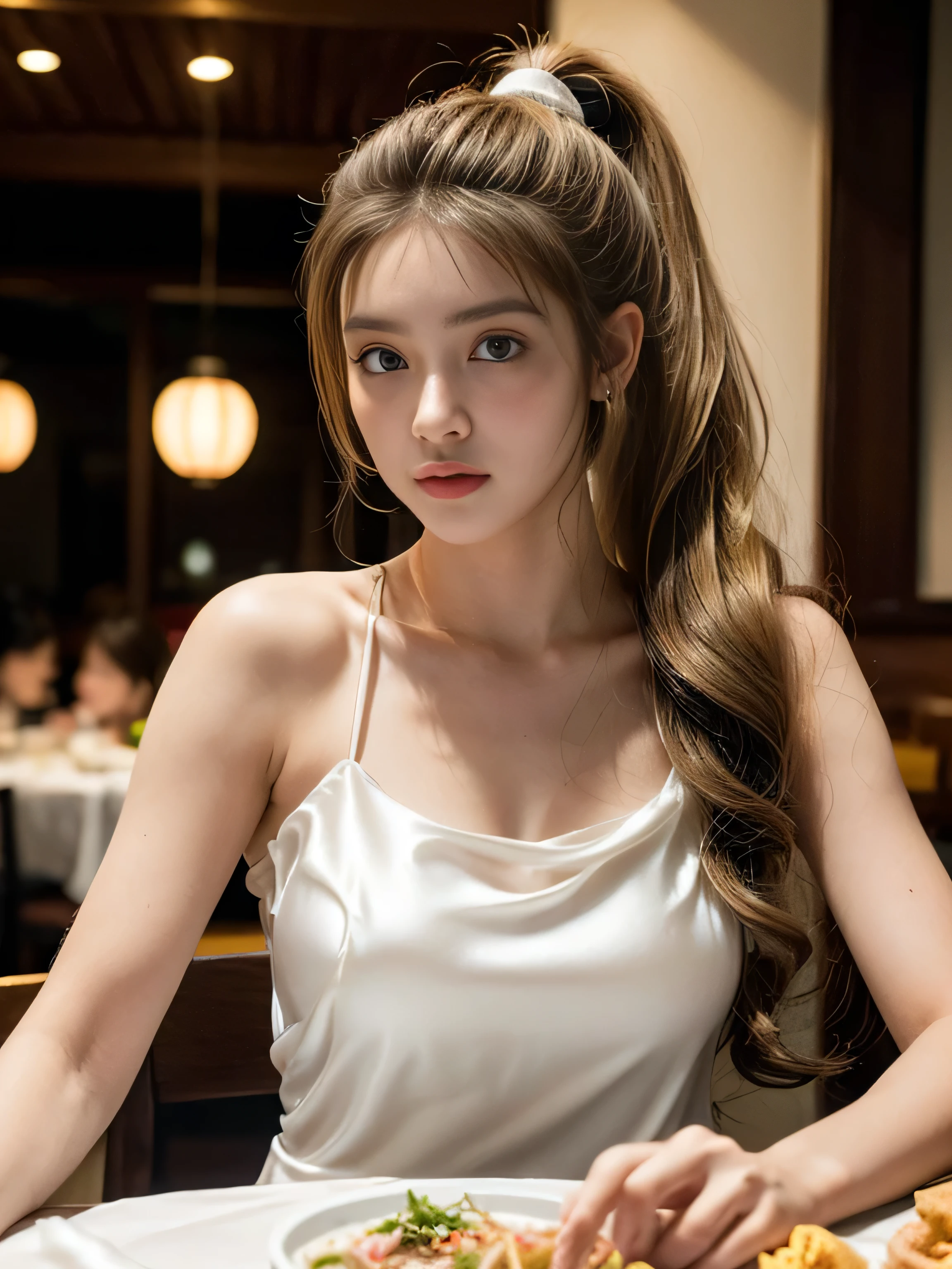 19-year-old kid, (wearing a simple pure light white silk dress: 1.3), (big round breasts), ((ponytail, dark blond hair, wavy hair, long hair: 1.3)), (realism: 1.2), (super realism: 1.3 ), (very detailed: 1.1), ((masterpiece)), (hand details: 1.3), (happy: 1.3), (Vietnamese French restaurant: 1.3), (French food on the table: 1.3), at night, depth of field, first person view.