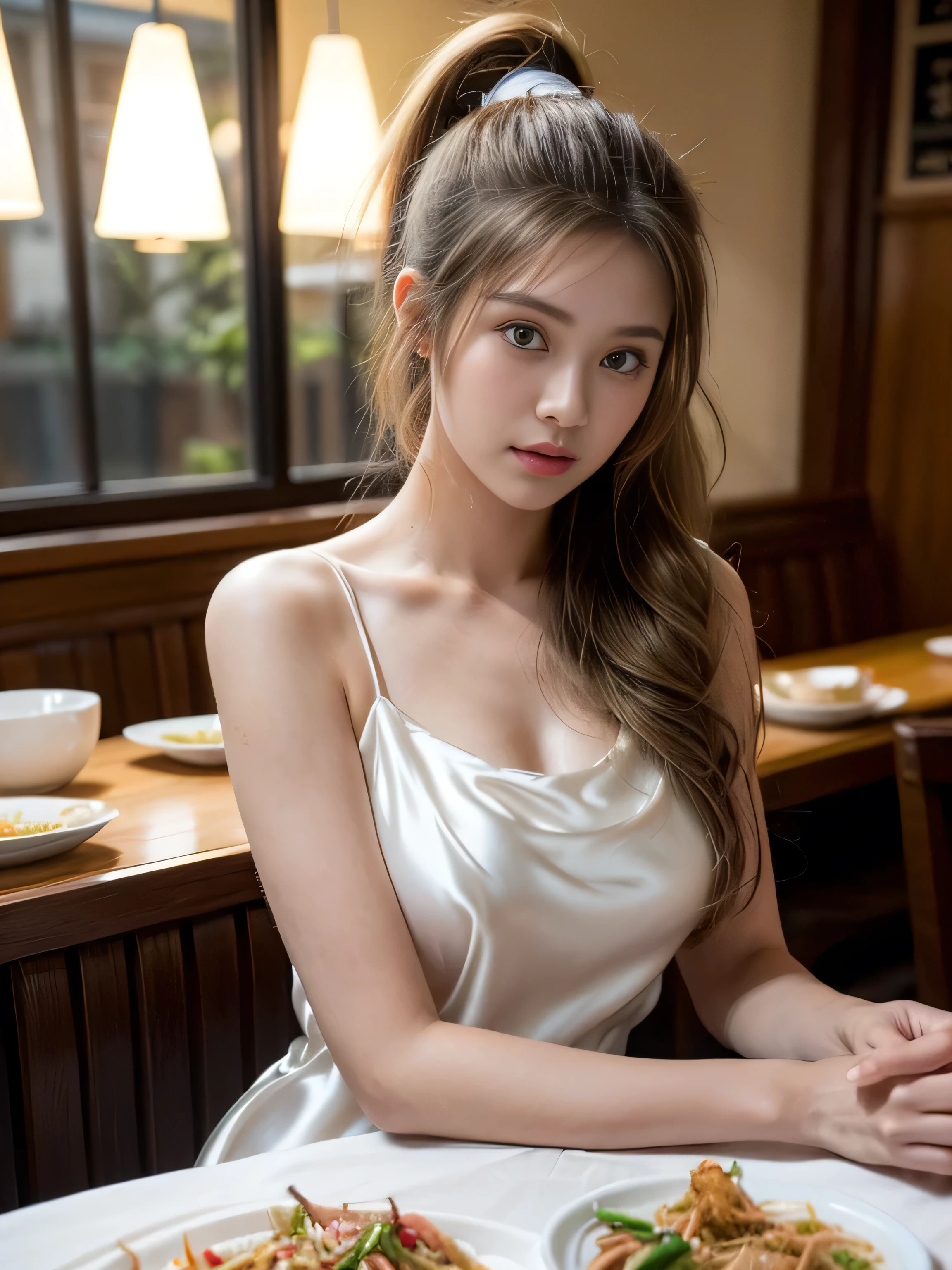 19-year-old ???, (wearing a simple pure light white silk dress: 1.3), (big round breasts), ((ponytail, dark blond hair, wavy hair, long hair: 1.3)), (realism: 1.2), (super realism: 1.3 ), (very detailed: 1.1), ((masterpiece)), (hand details: 1.3), (happy: 1.3), (Vietnamese French restaurant: 1.3), (French food on the table: 1.3), at night, depth of field, first person view.