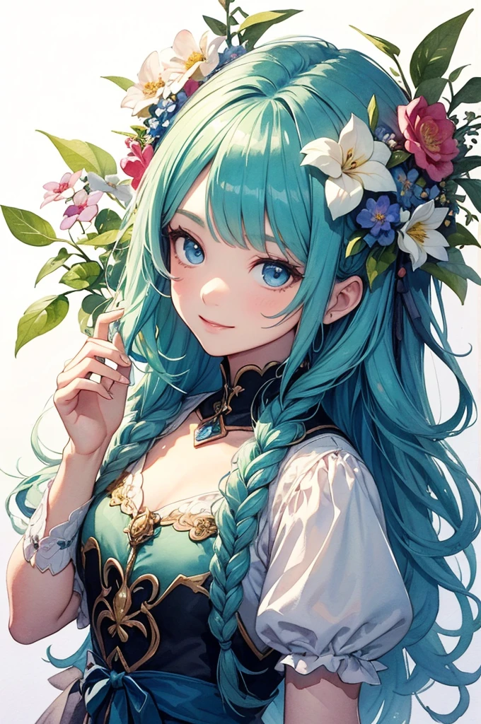 (masterpiece、Highest quality、Highest quality、Beautiful and beautiful:1.2)、（Watercolor painting 1.5）、Aerial view、Wide blue sky、A picture of braided hair、Round and beautiful eyes、Beautiful smile、Flower Fairy、A body the size of a flower、barefoot、Pure、charm、Fantasy、Botanical Art
