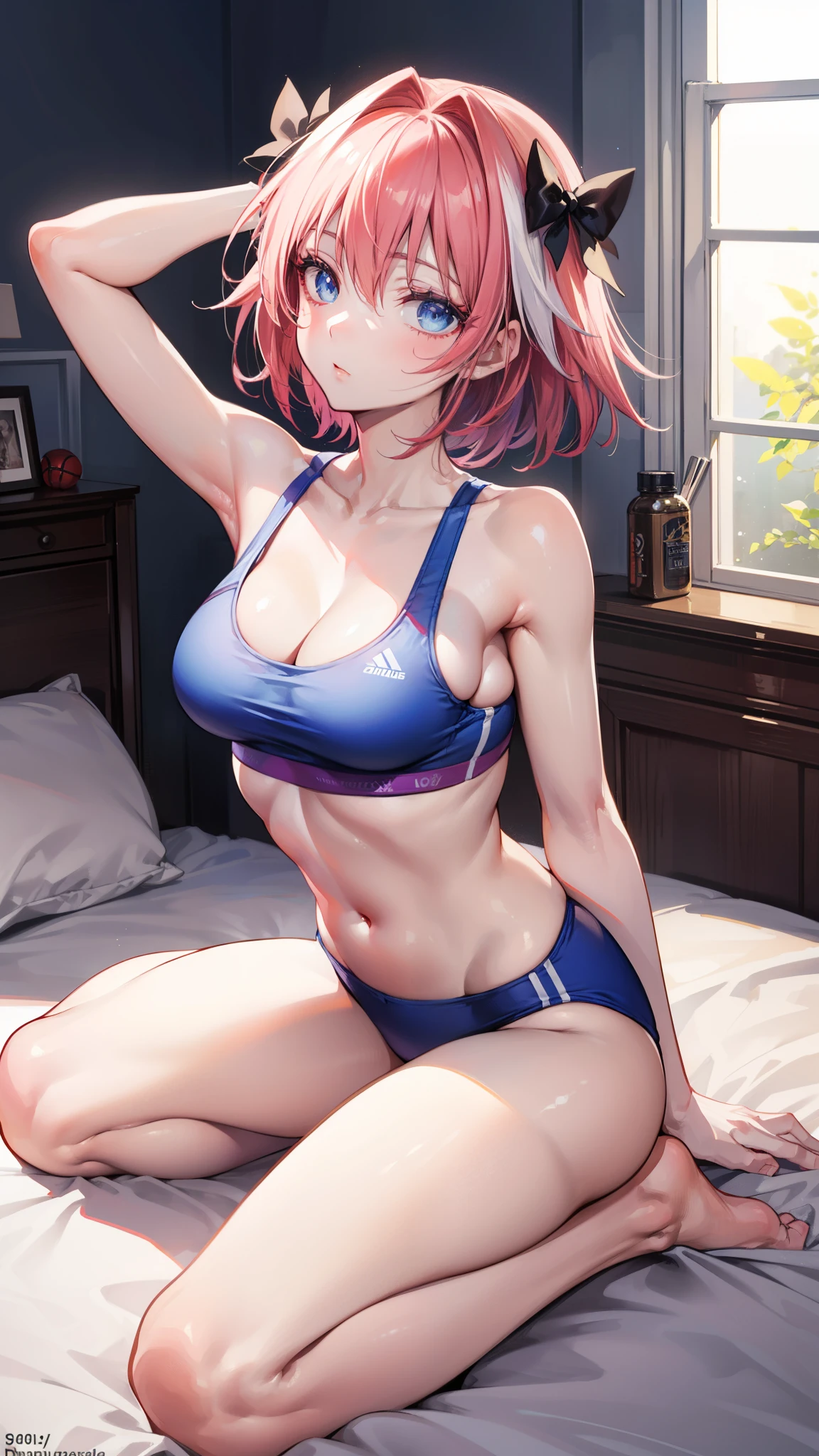 Astolfo, ((Femboy)), Anime, (Masterpiece:1.25), Best quality, High resolution:1.35, RAW photo:1.2, Detailed CG, Dreamy, Curvy build, Skinny, Slender body, Fine detailed beautiful eyes: 1.2, Embarassed Expression, Erotic thighs, Lustrous skin, Photon maping, Cinematic lighting, Full body shot, Dynamic angle, ((Blue sports bra)), Show armpits, (((Sitting on bed))), Cute face, Long eyelashes, detailed eyelashes, eye shadows, glowing eyes, realistic eyes, Natural makeup, Clear facial features, Hyper detailed face, Lip details