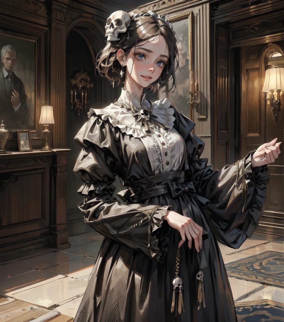 absurdres, RAW photo, extremely delicate and beautiful, masterpiece, Best Quality, ultra high resolution, 32k, hyper realistic, ultra-detailed, Very detailed CG 8k wallpaper, detailed background, landscape, Beautiful Lighting, Perfect Lightning, Realistic Shadows, perfect anatomy, anatomically correct, ideal ratio body proportions, perfect figure, Perfect Style, Perfect balance, super Detailed skin, in her 30s, very Slim body, narrow waist, very small head, very small face, delicate facial features, handsome detailed woman, very detailed eyes and face, realistic face proportions, Realistic beautiful face, Realistic beautiful eyes, tearful mole, earring, cowboy shot, very huge round tits, medium short hair, asymmetrical hair, wavy hair, indoor, inside basement, skirt, shirt, long sleeves, frills, evil grin, creepy, skull, candles, hair ornament, dolls, tapestry, horror theme,