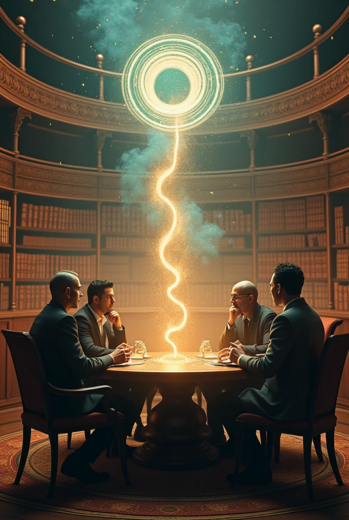 "Create a picture, where there are several people of different professions (scientist, philosopher, artist, engineer) stand in a circle and discuss ideas. In the center is a glowing symbol of synthesis (For example, vortex or spiral), from which the rays emanate, connecting their thoughts. The background is a cozy library with books and paintings."

