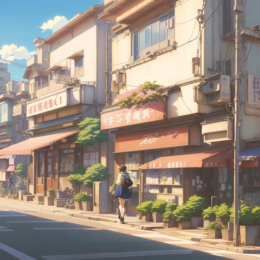 Anime style illustration of a street scene, which depicts a woman, walking down the street., anime background art, street background, anime background, anime style cityscape, Tokyo, Anime scene, Japanese street, anime landscapes concept art, anime aesthetics, in style of Makoto Shinkai, style of Makoto Shinkai, Detailed decorations - width 672., Makoto Shinkai. high detail