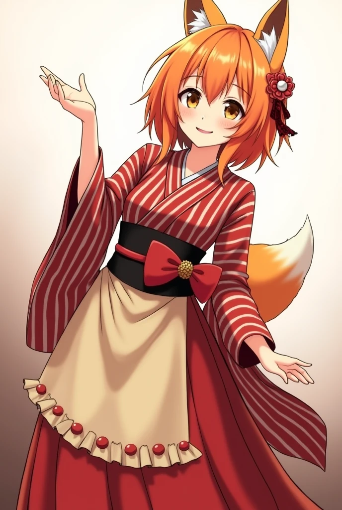 Draw me a beautiful girl with fox ears and tail, with orange hair. She is wearing a white kimono with red stripes along the sleeves and a long red skirt. Over all the clothes is a beige apron, the apron's belt is black and should wrap around her neck and be over the skirt. On the belt is a big red bow.. and with a smile he stretches out his hand in front of you. and on her head there is a hairpin in the form of a flower with red petals and in the center there is a white circle.