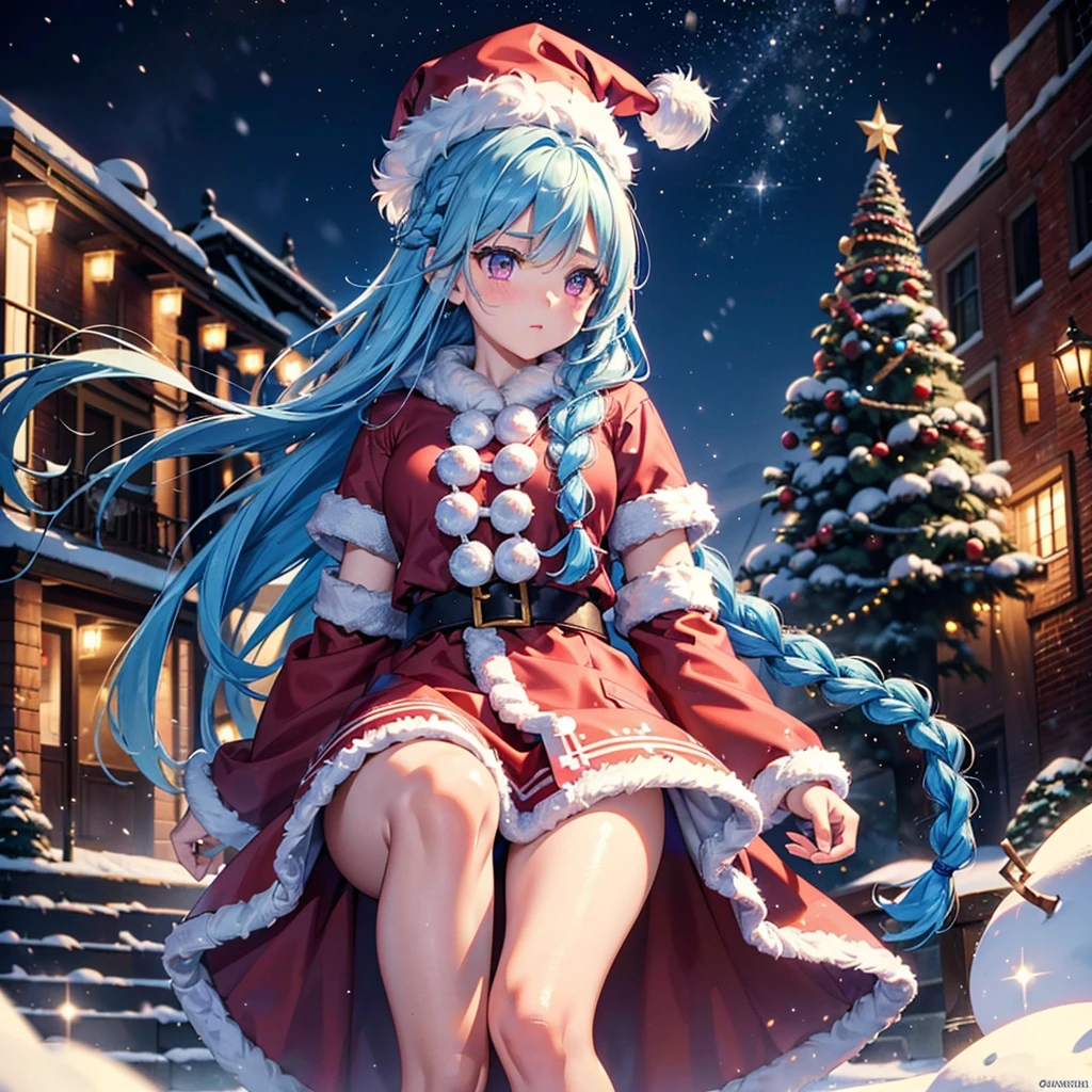 (Sky Blue Hair),((Braided Hair:1.2)),(Pink Eyes),(Fair Skin),(Full Body),(Alone),(Santa Claus Clothes),(Giant Christmas Tree in the Background),(Snowy Night),Sparkling Night Sky,snowman,gift box,(Masterpiece, Top Quality, Very Detailed, Best Shadows),(Detailed Background),(Beautifully Detailed Face),High Contrast,(Best Lighting, Very Delicate and Beautiful),((Cinematic Light)),Hyper Detail,8k,Dramatic Light,Exquisite Detail,