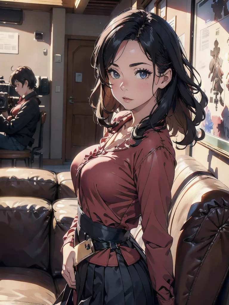 bloom, Lens Reflection, (8k, born, Professional, Highest quality, masterpiece: 1.2), (Realistic, photoRealistic: 1.37), Very detailed, (Wide-angle 25mm portrait), (Most detailed skin: 1.2), Very detailed顔, Cinema Lighting, One person, Black curly hair, (the wind is strong), Standing on the couch, Dark Light, Looking into the camera, Large Breasts, black and red blouse