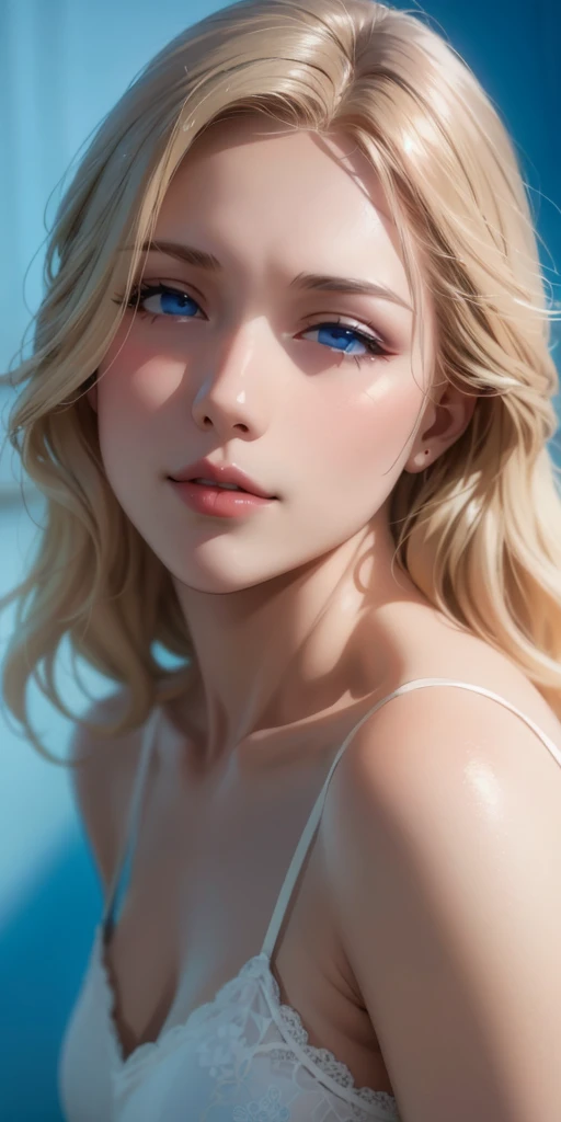 Elegant mature woman, milf, blue eyes, blonde hair, soft light, 4k resolution, high quality, beautiful cg