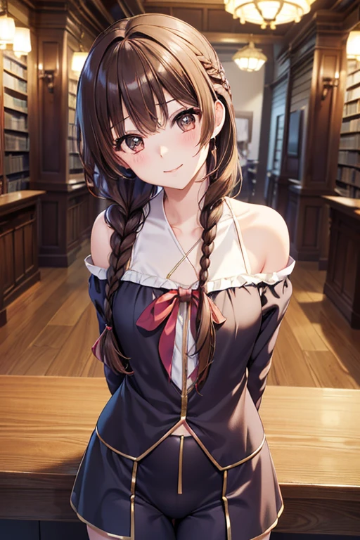 Yuno Shimazu、Shiny brown hair,Long Hair,  Hair that falls over the shoulders、(( Braid、Twin Blade:1.5, )),Beautiful brown eyes、Sparkling eyes, Fine grain、smile、Ultra-detailed eyes、Highly detailed face, Highly detailed eyes,Cowboy Shot、



 
 (Tabletop:1.4, 最high quality、((High resolution)), masterpiece, high quality, 最high quality, beautiful, Perfect lighting, very cute,
 one person&#39;s, alone,  blush, smile, View your audience, Turtle neck rib knit, Denim pants,
  ((Mid-chest)), Wide Hips, , library, Place your arms behind your back,
