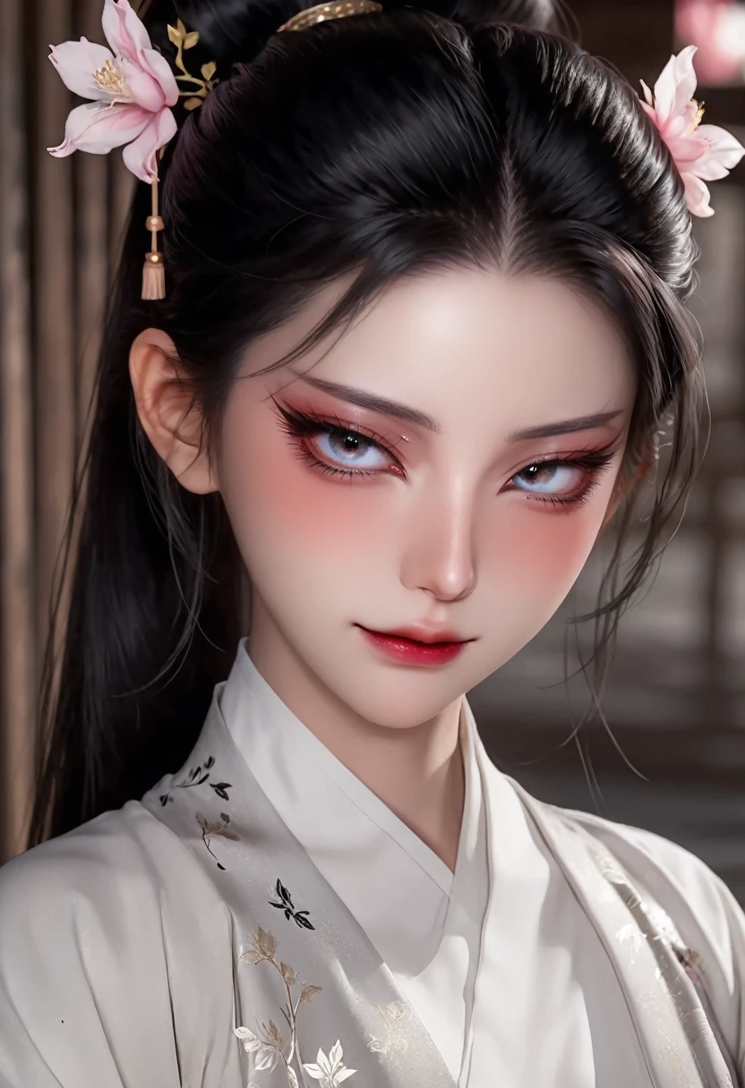 1 girl,Sexy,Black long hair,High Ponytail,Hair shine,Skin details,Beautiful facial features,Exquisite makeup,Exquisite eyes,Eye details,Dark eyeshadow,small freckles,Plain Hanfu,Shoulder,arm