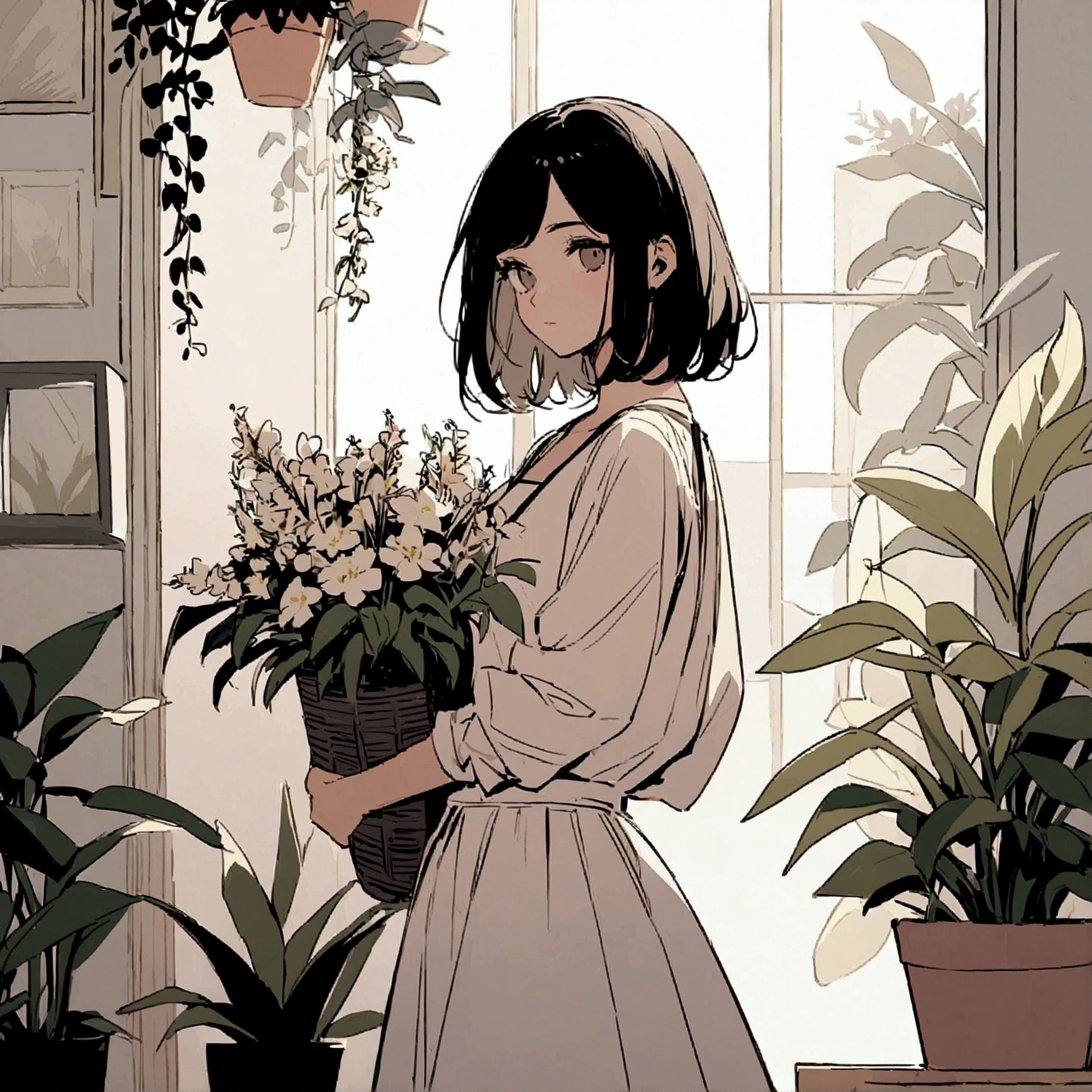 A woman in a flat-colored casual outfit, holding a basket of flowers. Chic, soft atmosphere. Soft light. Many potted plants in the background. Simple and beautiful color scheme.