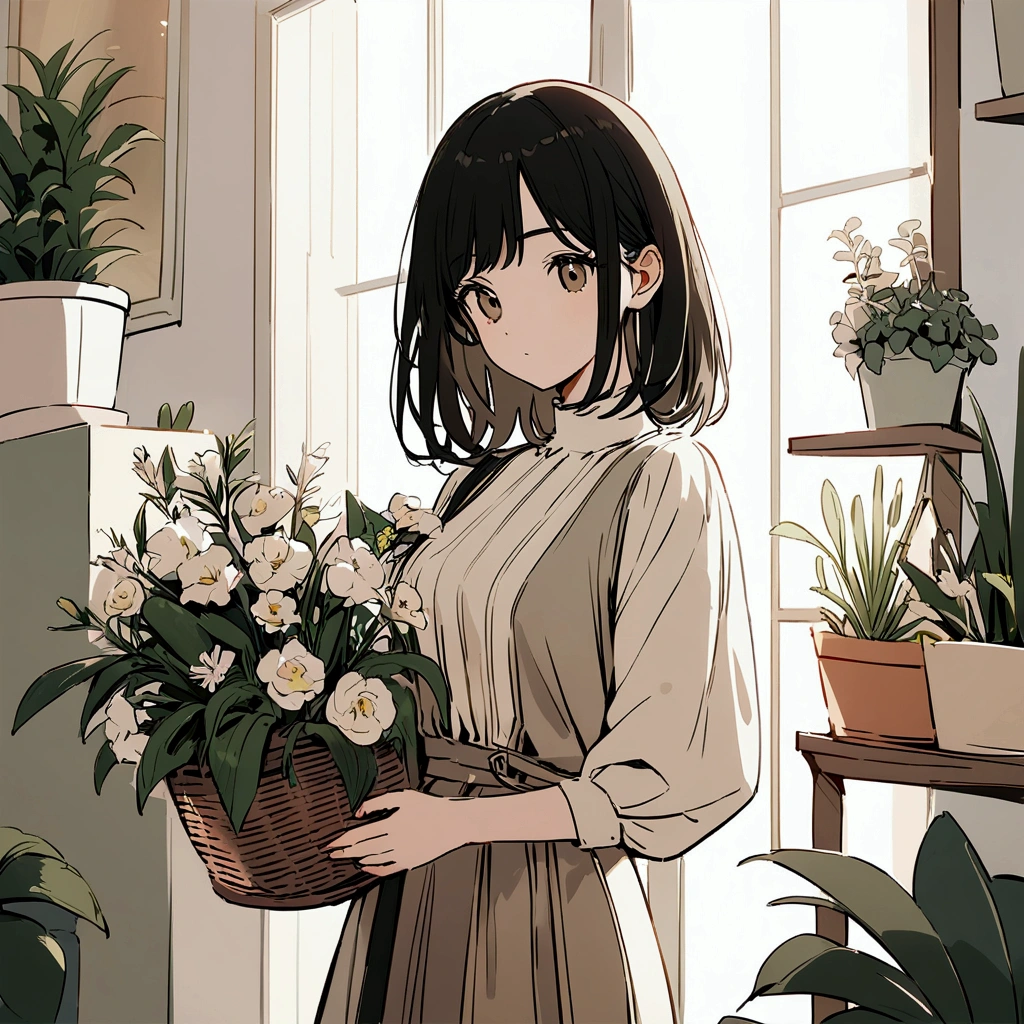 A woman in a flat-colored casual outfit, holding a basket of flowers. Chic, soft atmosphere. Soft light. Many potted plants in the background. Simple and beautiful color scheme.