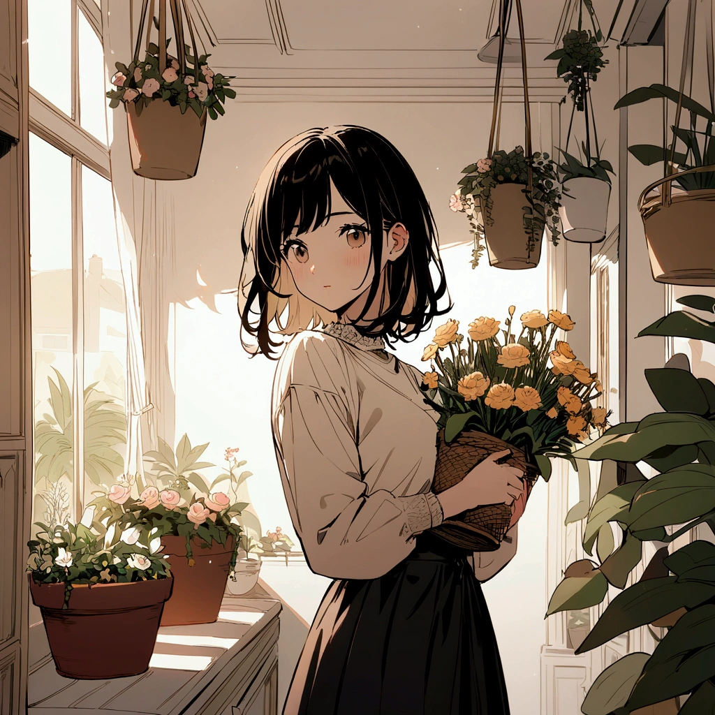 A woman in a flat-colored casual outfit, holding a basket of flowers. Chic, soft atmosphere. Soft light. Many potted plants in the background. Simple and beautiful color scheme.