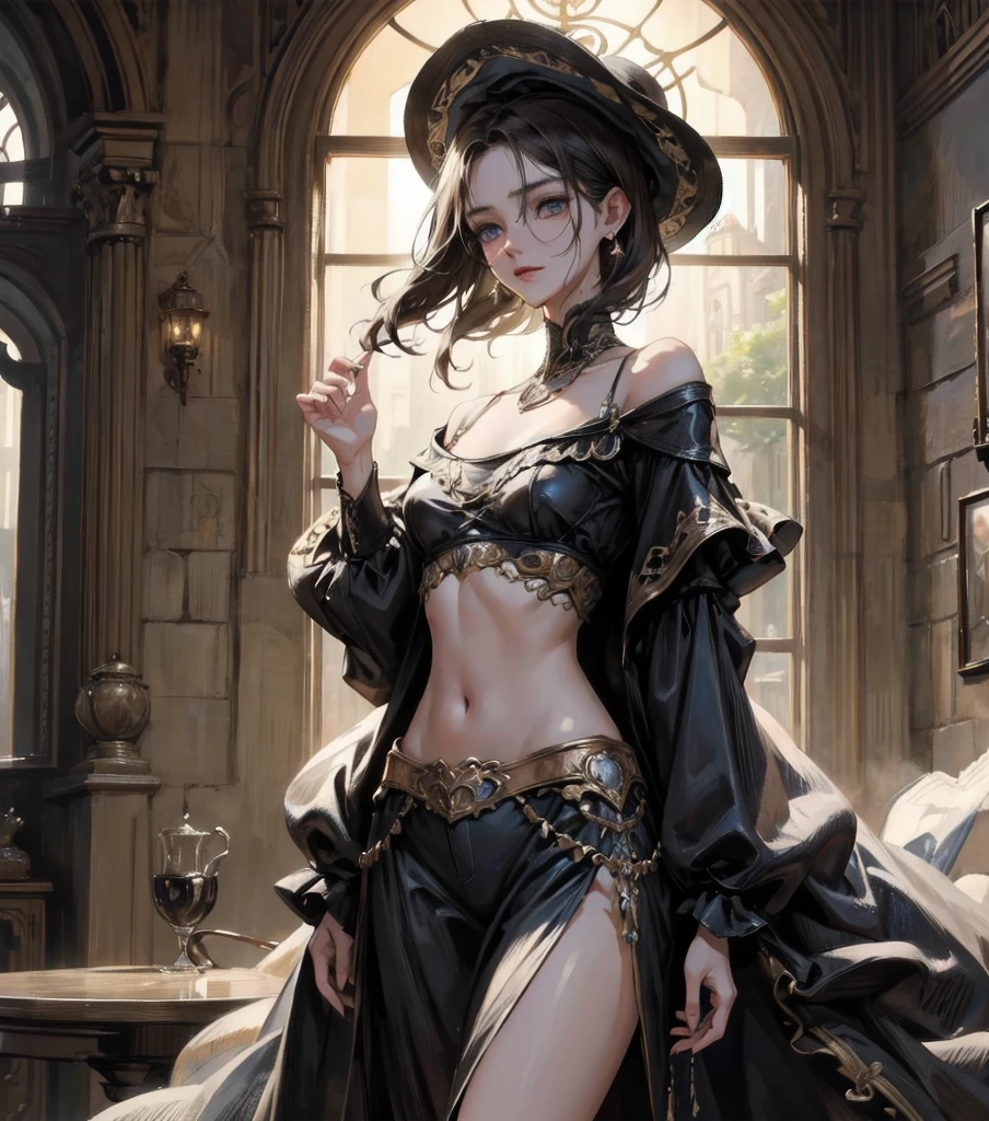 absurdres, RAW photo, extremely delicate and beautiful, masterpiece, Best Quality, ultra high resolution, 32k, hyperrealistic, ultra-detailed, perfect anatomy, anatomically correct, perfect figure, Perfect Style, Perfect balance, super Detailed skin, in her 30s, very Slim body, narrow waist, very small head, very small face, delicate facial features, handsome detailed woman, very detailed eyes and face, realistic face proportions, Realistic beautiful face, Realistic beautiful eyes, tearful mole, earring, big tits, full body shot, bare legs, medium hair, indoor, Legendary Pirate costume, Practical pirate clothing, Long-sleeved pirate top, Skirt, shirt, Torn pirate hat, 