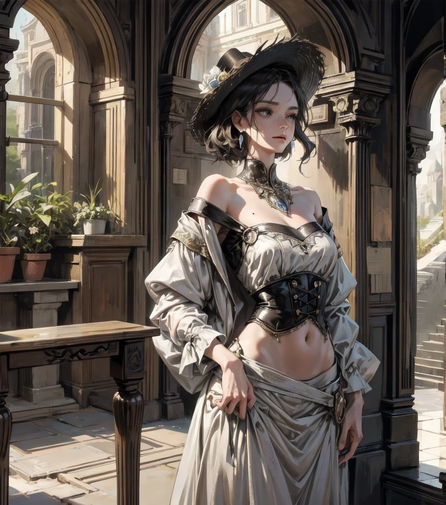 absurdres, RAW photo, extremely delicate and beautiful, masterpiece, Best Quality, ultra high resolution, 32k, hyper realistic, ultra-detailed, Very detailed CG 8k wallpaper, detailed background, landscape, Beautiful Lighting, Perfect Lightning, Realistic Shadows, perfect anatomy, anatomically correct, ideal ratio body proportions, perfect figure, Perfect Style, Perfect balance, super Detailed skin, in her 30s, very Slim body, narrow waist, very small head, very small face, delicate facial features, handsome detailed woman, very detailed eyes and face, realistic face proportions, Realistic beautiful face, Realistic beautiful eyes, tearful mole, earring, cowboy shot, very huge round tits, medium short hair, asymmetrical hair, wavy hair, indoor, off-shoulder, midriff, shorts, straw hat, mystery, romanticism, creepy, victorian,