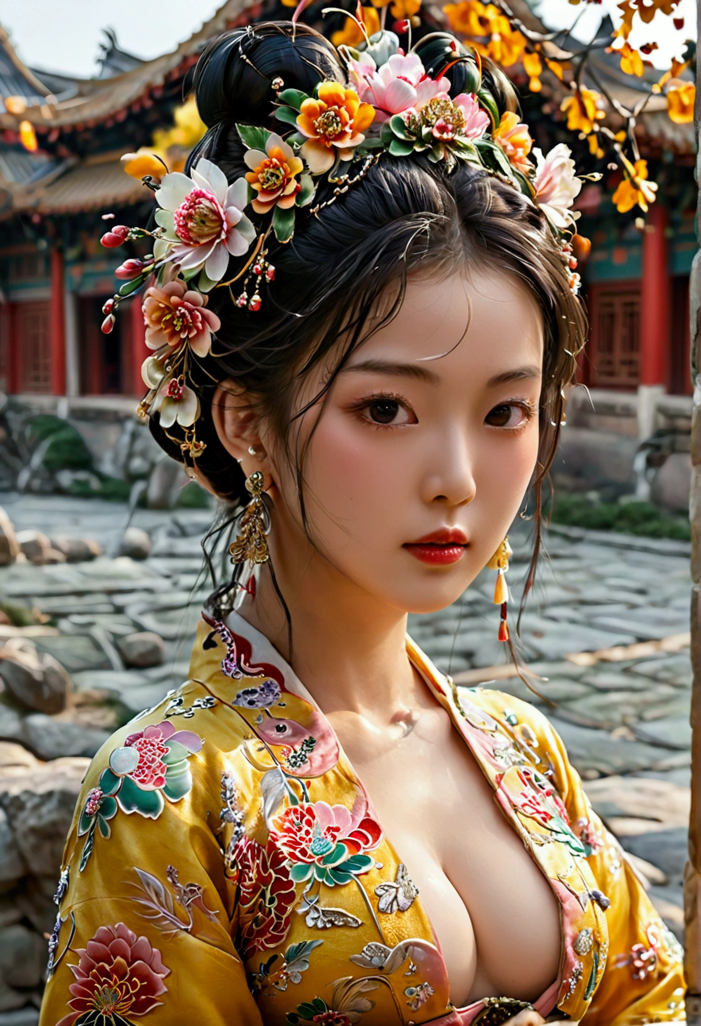 A woman seen from the front, bent over on the ground facing forward, legs spread apart, busty and naked, wearing a crown and showing her thighs and feet from below, in the Chinese imperial court of the Qing dynasty.。She is completely naked, showing off her gorgeous large flowers and hairpins, her hair tied up and pulled up, and the background is the stone paving of the Chinese palace of the Qing Dynasty.