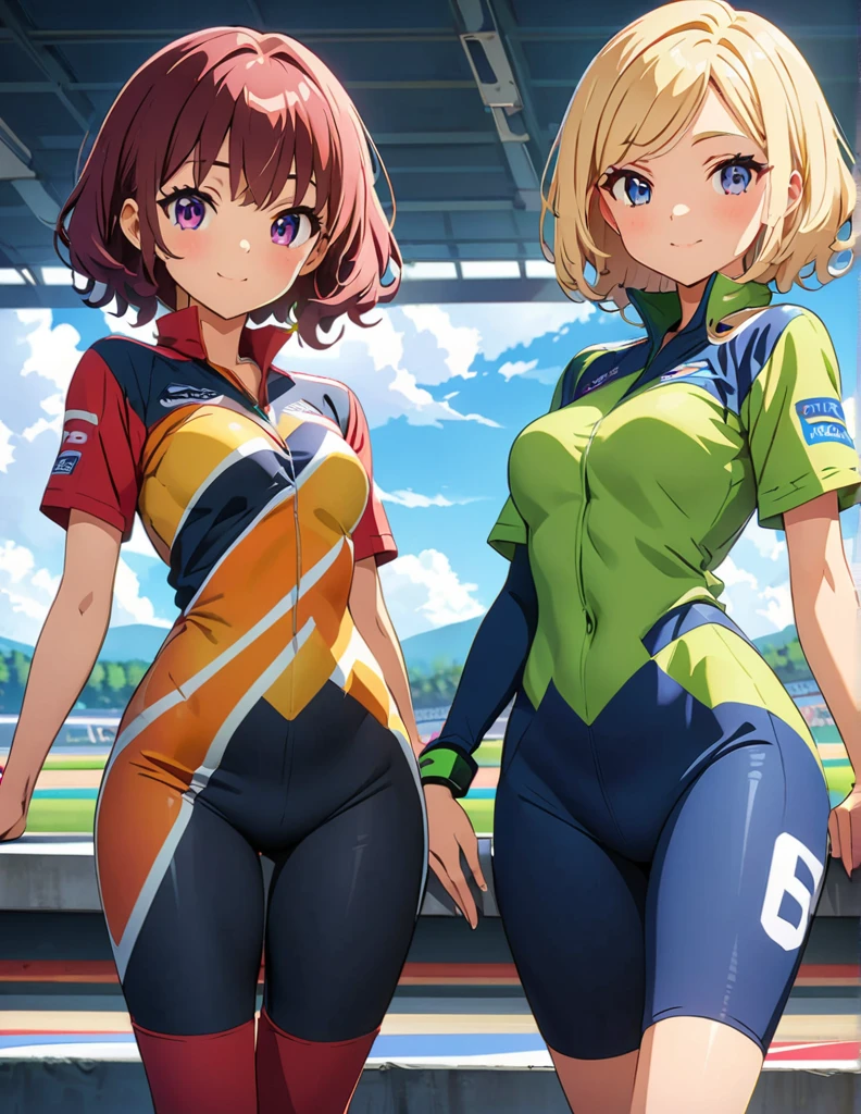 (anime artwork, anime style, studio anime, very detailed, up to date, vibrant, Anime Coloring, high contrast, masterpiece:1.2, best quality, best aesthetics),3 girl, Medium chest,random hair, One eye is hidden by the bangs, perfect proportions, high detail skin, Cute, detailed faces,racetrack,automobile races, precise fingers,curvy,paddock girl, from behind,full body, mini body con