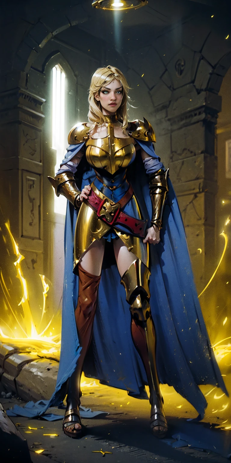 paladin lady in ornate golden armor, black collar, pauldrons, breastplate, corset, glowing halo, single braid, blonde, yellow glowing eyes, bright pupils, eye focus, cape, particles, light beam, chromatic aberration (full body, whole body, 1sologirl) warrior fighter, loincloth standing, hands on hips, metal sandals, backpack, choker, big belt, view from below, feet together, bracers, tiara
