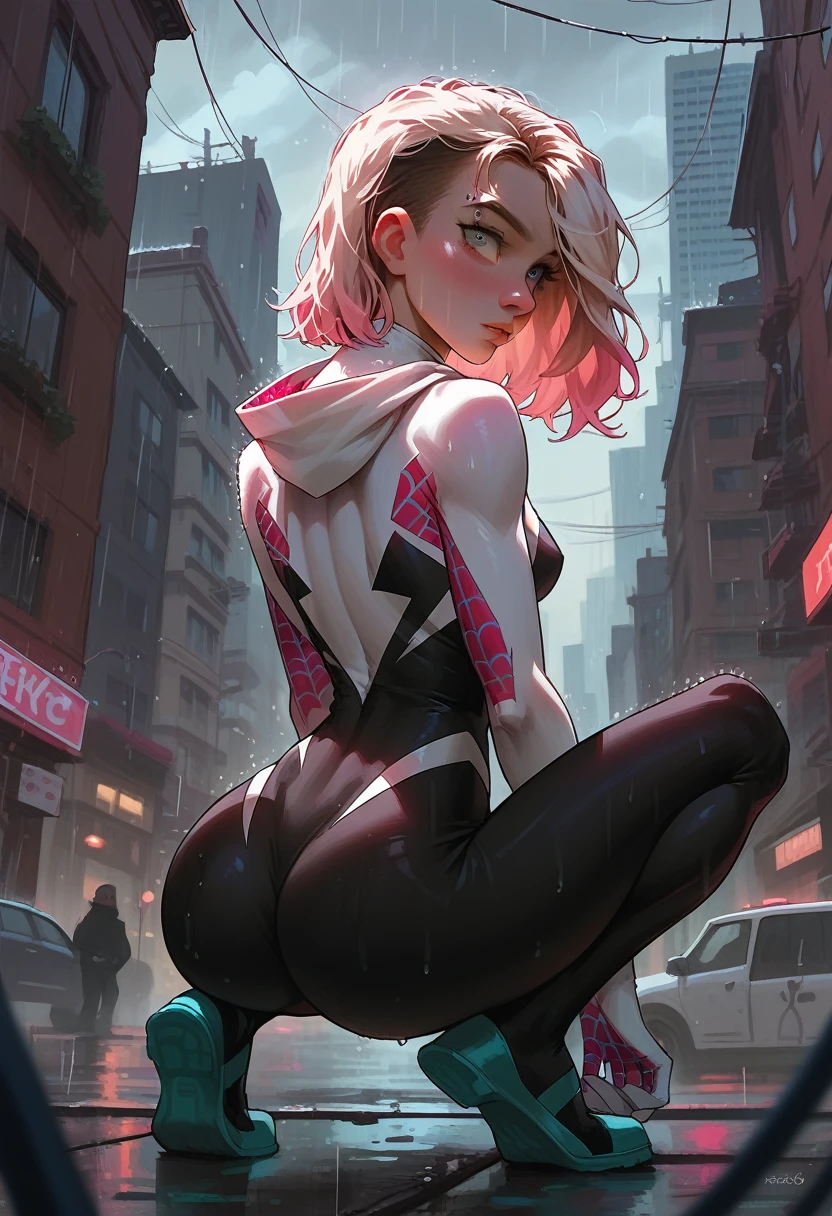 1girl, 19 years old, gwen stacy, spider gwen, small breasts,bigger hips, big ass, standing gray eyes, pink hair, medium length hair, undercut hair, bodysuit, detailing body, athletic body, bodysuit, f1girl, squat, roof, back view,new york, rain, neon light