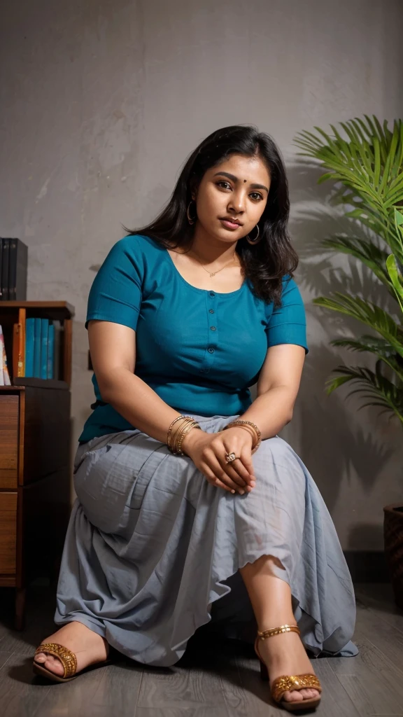 South Indian women, sitting on a chair, wearing gray chiffon skirt and blue shirt 