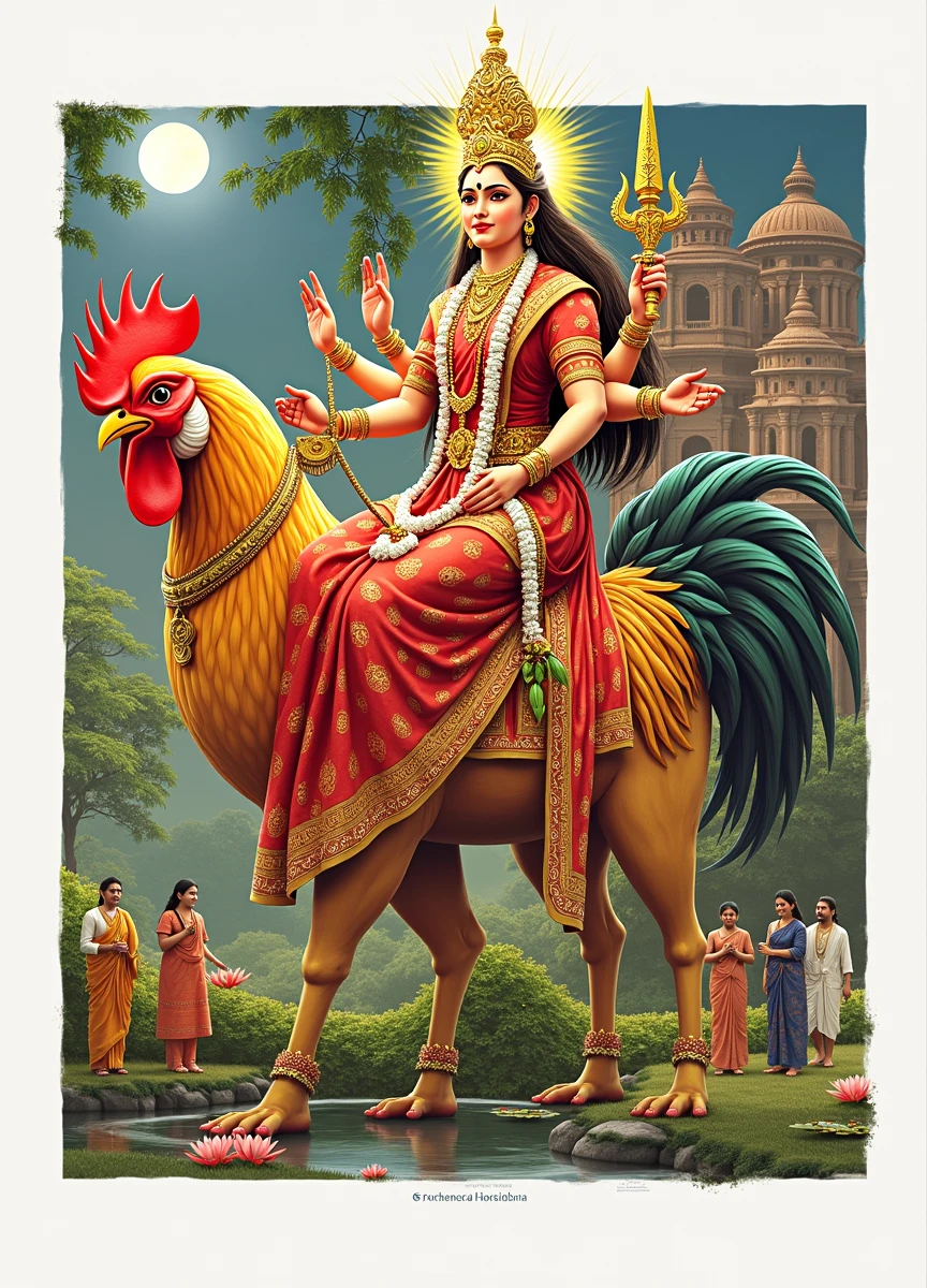 Generate a hyper-realistic, photorealistic, and divinely radiant image of Goddess Bahuchar seated gracefully on her Vahana, a giant and vibrant rooster. The Goddess should be depicted with a glowing aura that symbolizes her powerful and divine presence. She is adorned in a beautifully detailed traditional red and gold sari with intricate patterns and divine ornaments, including a garland of flowers, a crown, and bangles. In her hands, she holds a Trishul, a holy scripture, and a sword, each representing her divine powers and protection.
The backdrop should showcase a rural Gujarati village setting with a temple in the background, lush green trees, blooming flowers, and serene ponds with lotus flowers, capturing the essence of the local culture. There should be a group of devotees in traditional attire, paying their respects to the Goddess, adding to the spiritual atmosphere. The scene should be bathed in a soft, divine light from the moon, creating a peaceful yet powerful ambiance.
The details should be meticulous, with special attention to the texture of the rooster’s feathers, the fine embroidery of the sari, and the intricate designs on the temple. The overall composition should radiate divine energy, showcasing the Goddess in all her glory with a touch of Gujarati cultural essence.