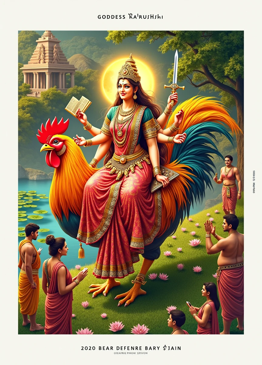 Generate a hyper-realistic, photorealistic, and divinely radiant image of Goddess Bahuchar seated gracefully on her Vahana, a giant and vibrant rooster. The Goddess should be depicted with a glowing aura that symbolizes her powerful and divine presence. She is adorned in a beautifully detailed traditional red and gold sari with intricate patterns and divine ornaments, including a garland of flowers, a crown, and bangles. In her hands, she holds a Trishul, a holy scripture, and a sword, each representing her divine powers and protection.

The backdrop should showcase a rural Gujarati village setting with a temple in the background, lush green trees, blooming flowers, and serene ponds with lotus flowers, capturing the essence of the local culture. There should be a group of devotees in traditional attire, paying their respects to the Goddess, adding to the spiritual atmosphere. The scene should be bathed in a soft, divine light from the moon, creating a peaceful yet powerful ambiance.

The details should be meticulous, with special attention to the texture of the rooster’s feathers, the fine embroidery of the sari, and the intricate designs on the temple. The overall composition should radiate divine energy, showcasing the Goddess in all her glory with a touch of Gujarati cultural essence.