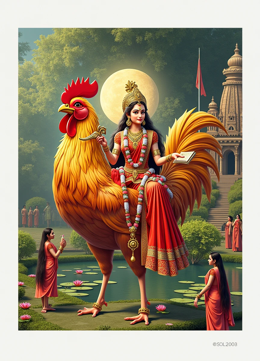 Generate a hyper-realistic, photorealistic, and divinely radiant image of Goddess Bahuchar seated gracefully on her Vahana, a giant and vibrant rooster. The Goddess should be depicted with a glowing aura that symbolizes her powerful and divine presence. She is adorned in a beautifully detailed traditional red and gold sari with intricate patterns and divine ornaments, including a garland of flowers, a crown, and bangles. In her hands, she holds a Trishul, a holy scripture, and a sword, each representing her divine powers and protection.
The backdrop should showcase a rural Gujarati village setting with a temple in the background, lush green trees, blooming flowers, and serene ponds with lotus flowers, capturing the essence of the local culture. There should be a group of devotees in traditional attire, paying their respects to the Goddess, adding to the spiritual atmosphere. The scene should be bathed in a soft, divine light from the moon, creating a peaceful yet powerful ambiance.
The details should be meticulous, with special attention to the texture of the rooster’s feathers, the fine embroidery of the sari, and the intricate designs on the temple. The overall composition should radiate divine energy, showcasing the Goddess in all her glory with a touch of Gujarati cultural essence.