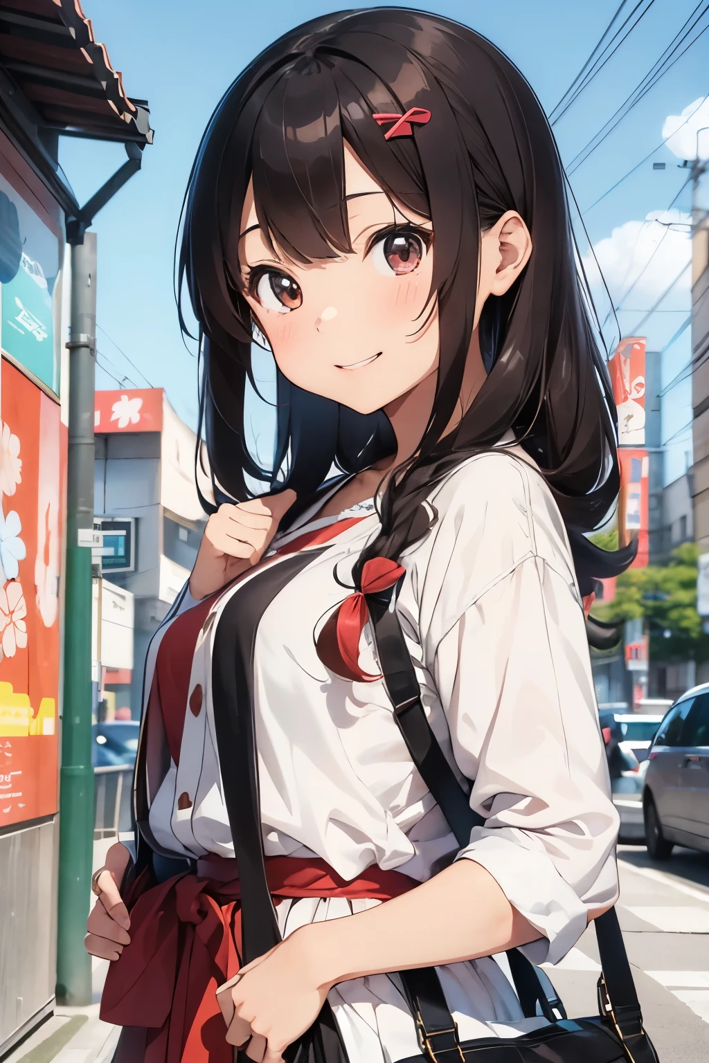 1girl in、A smile、The shirt、skirt by the、(small tits)Chilarism、Japan High School Student Uniform、serafuku、summer clothing、Squall Drenched Uniform、show brassiere、Fox ears、Brown hair、(Upper body portrait)、