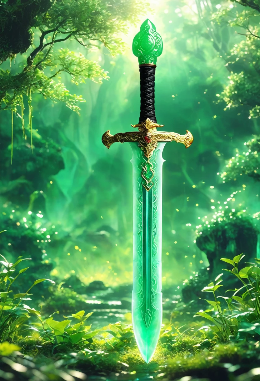 best quality, very good, 16K, ridiculous, Very detailed, Giant glowing sword，Made of translucent jadeite, Background grassland（（A masterpiece full of fantasy elements）））， （（best quality））， （（Intricate details））（8K）