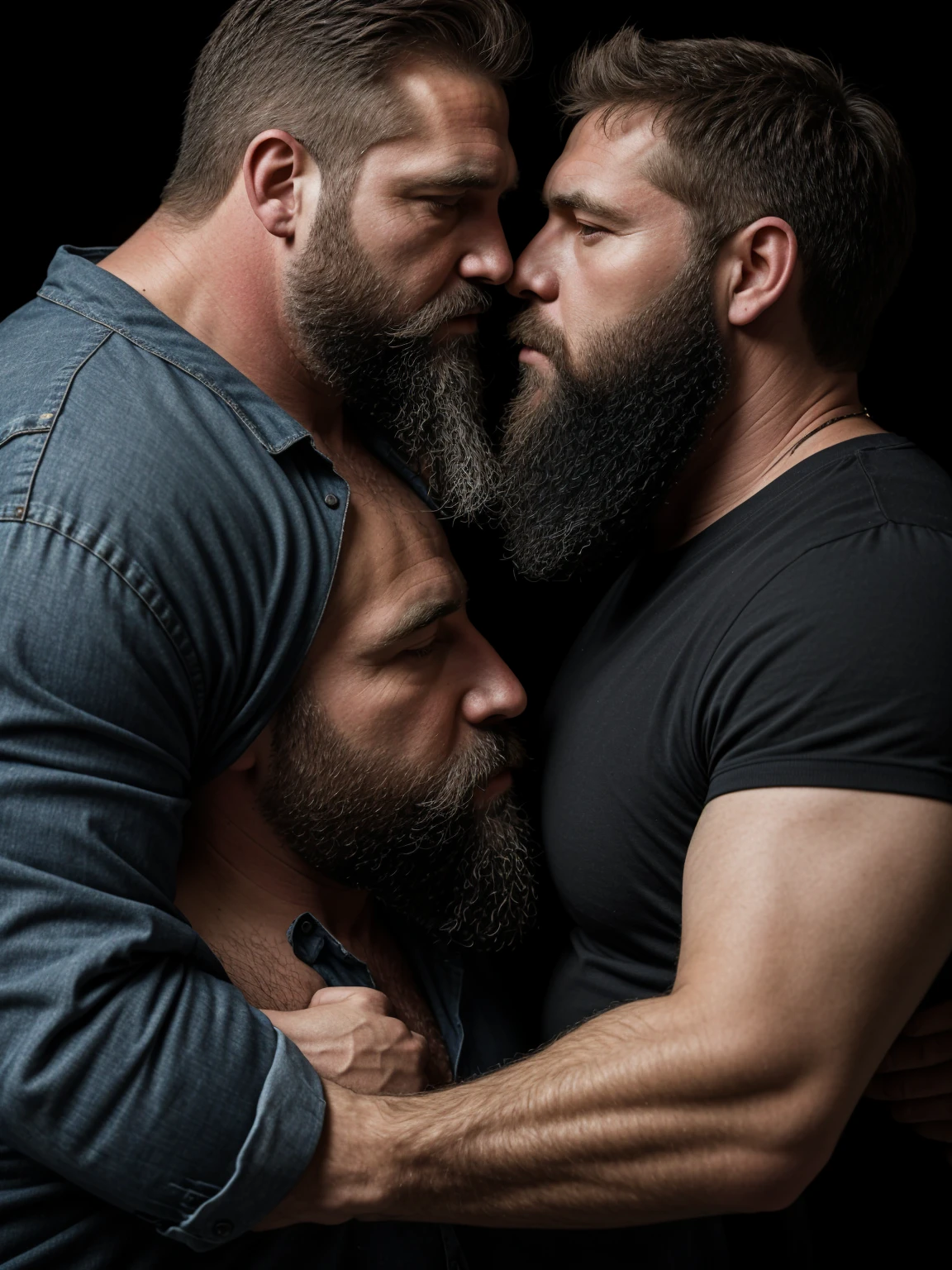 "8KUHD Create a professional studio-style photograph featuring two middle-aged, burly, hairy, beared big daddy bear, and rugged man and his husband in lumberjack outfit. beards, very realistic hair, very realistic beards, very realistic mens clothing, very realistic detailed mens clothing. A man and his husband are kissing each other, their real faces almost close, realistically kissing each other, in a romantic and virile scene. Utilize all appropriate lighting techniques for studio photography. The background should be black." HDR