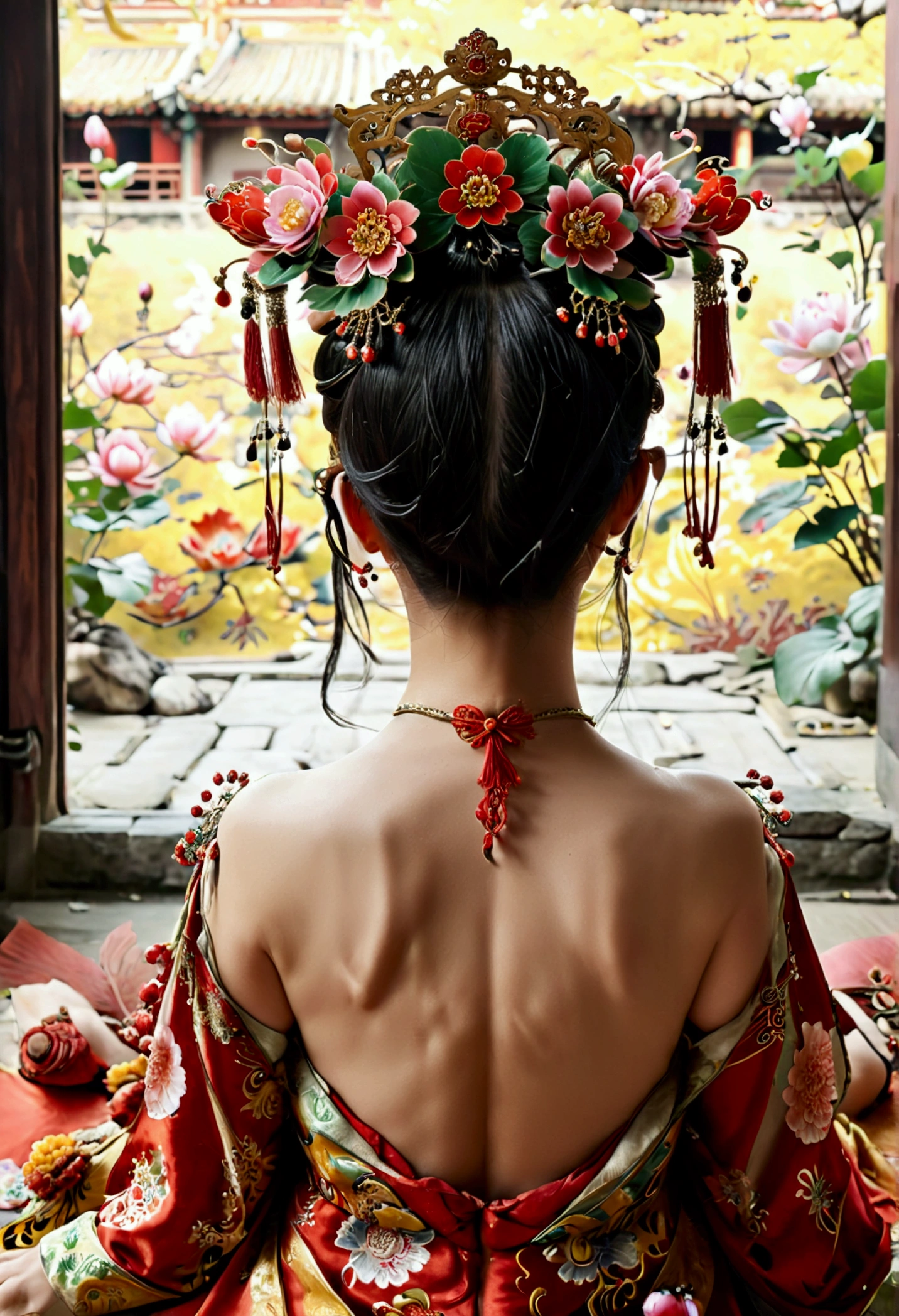 A woman seen from the front, bent over on the ground facing forward, legs spread apart, busty and naked, wearing a crown and showing her thighs and feet from below, in the Chinese imperial court of the Qing dynasty.。She is completely naked, showing off her gorgeous large flowers and hairpins, her hair tied up and pulled up, and the background is the outside of the Qing Dynasty palace.