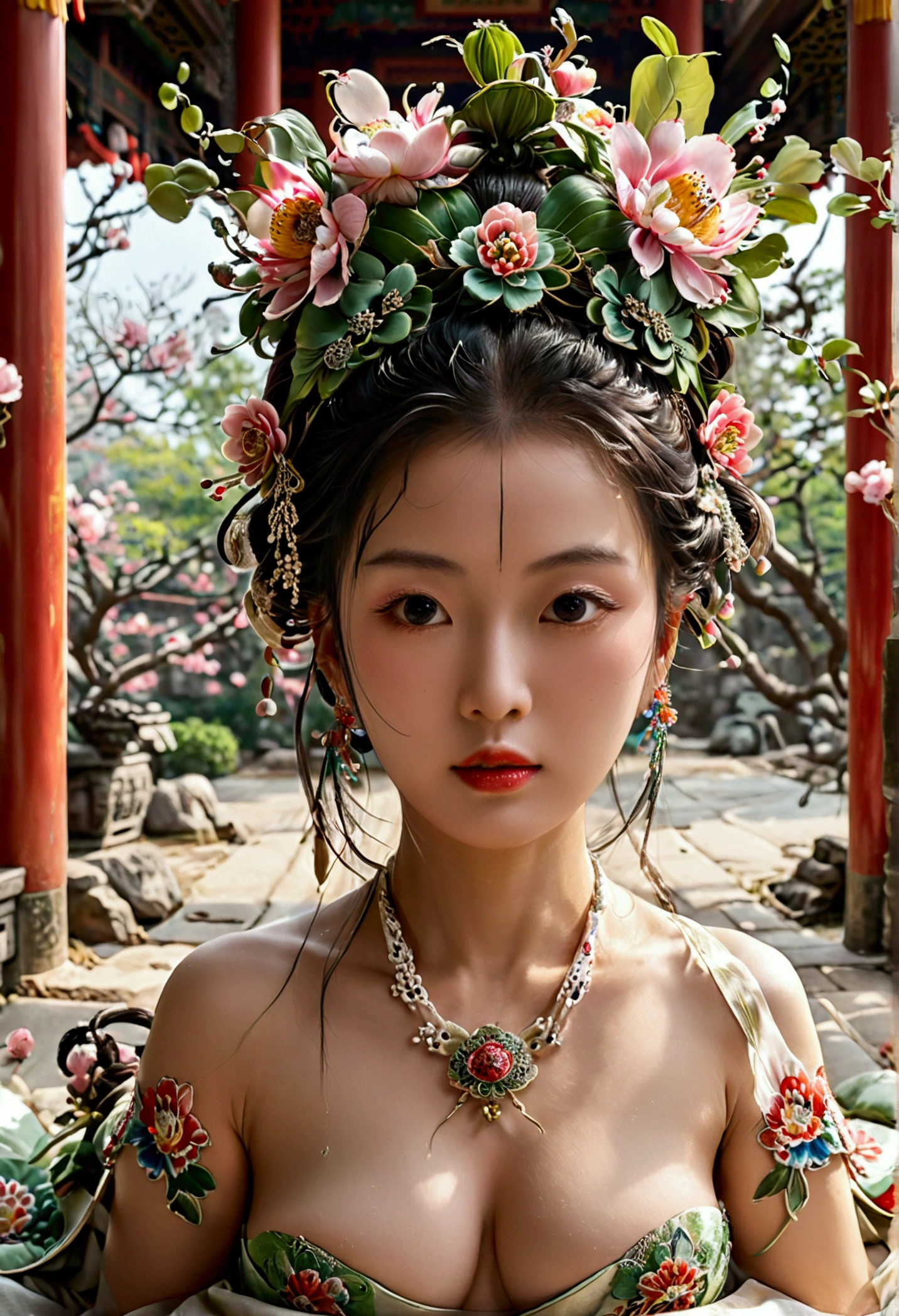 A woman seen from the front, bent over on the ground facing forward, legs spread apart, busty and naked, wearing a crown and showing her thighs and feet from below, in the Chinese imperial court of the Qing dynasty.。She is completely naked, showing off her gorgeous large flowers and hairpins, her hair tied up and pulled up, and the background is the outside of the Qing Dynasty palace.