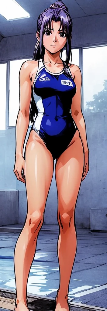 Momo Koigakubo with beautiful legs is standing by the indoor poolside, wearing a high-cut racing swimsuit with the word 'arena' and its logo in bright blue.。