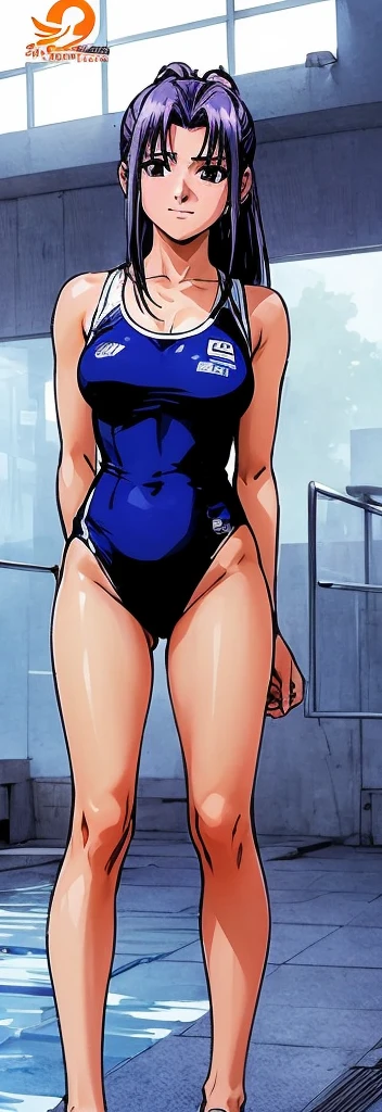 Momo Koigakubo with beautiful legs is standing by the indoor poolside, wearing a high-cut racing swimsuit with the word 'arena' and its logo in bright blue.。