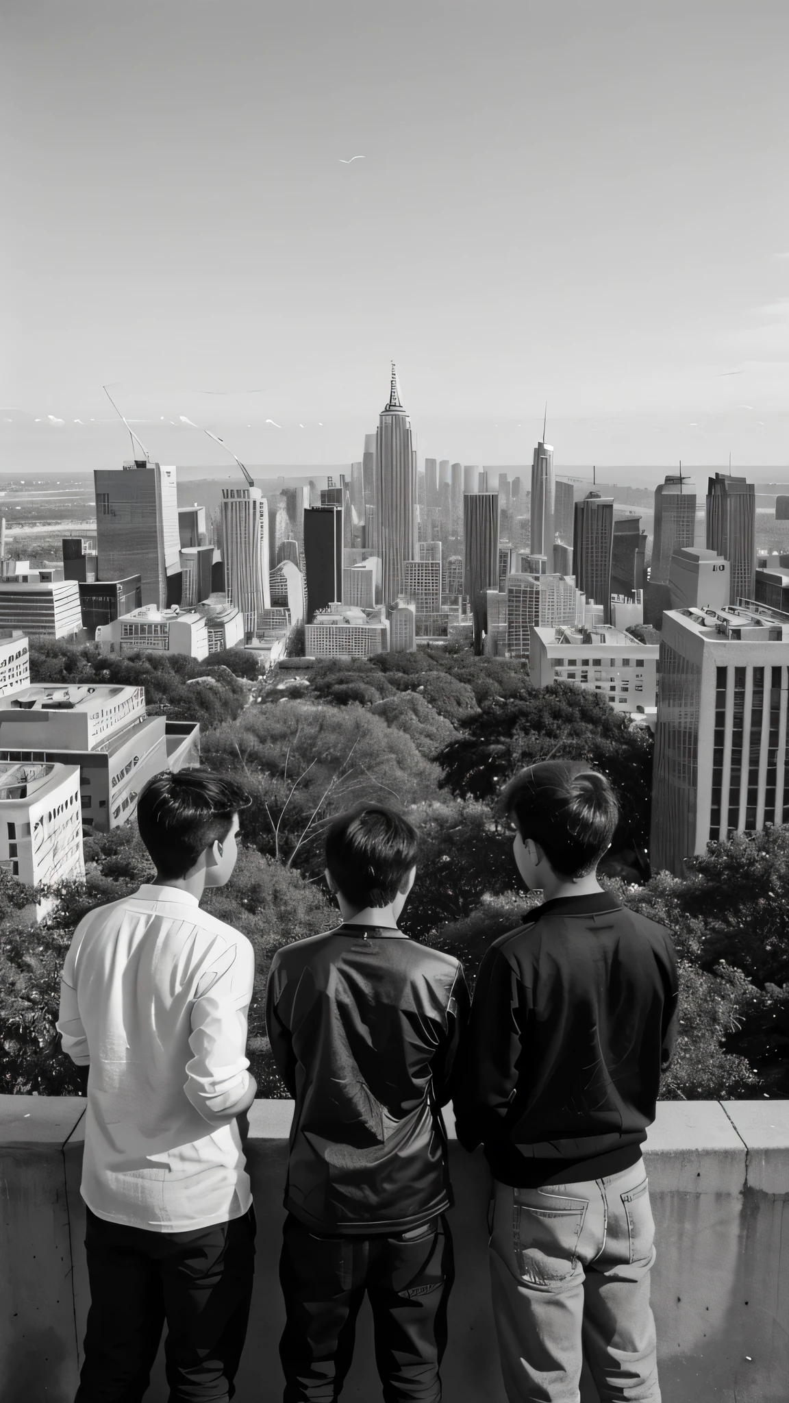 A black and white photograph of a scenic overlook in a city park.three boys are standing and looking at the cityscape below, which includes tall buildings in the distance. In the foreground, there's a binocular viewer and some individuals casually dressed, capturing the serene yet urban atmosphere.