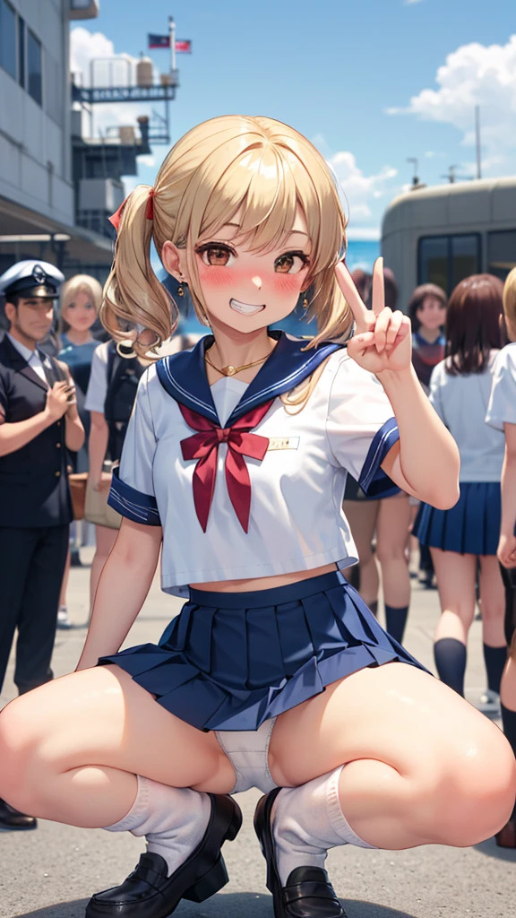 nsfw, (8k、Best image quality、Highest quality、masterpiece)、Detailed face、Detailed Background, Improve、A beautiful 18 year old woman, (Golden Hair:1.3), Short pigtails, (Brown eyes:1.2), (Short), flat chest, , (Short sleeve white shirt:1.5), (Sailor collar), (Red ribbon), (Navy blue pleated mini skirt:1.5), (White loose socks:1.3), (Black Loafers), Gold Necklace, Earrings, (Have a skirt), (grin:1.5), (Blushing:1.4), Squatting in front of the station, spread legs, A large crowd is watching, panties visible, (White micro panties:1.2), from front, full body, Peace sign with both hands