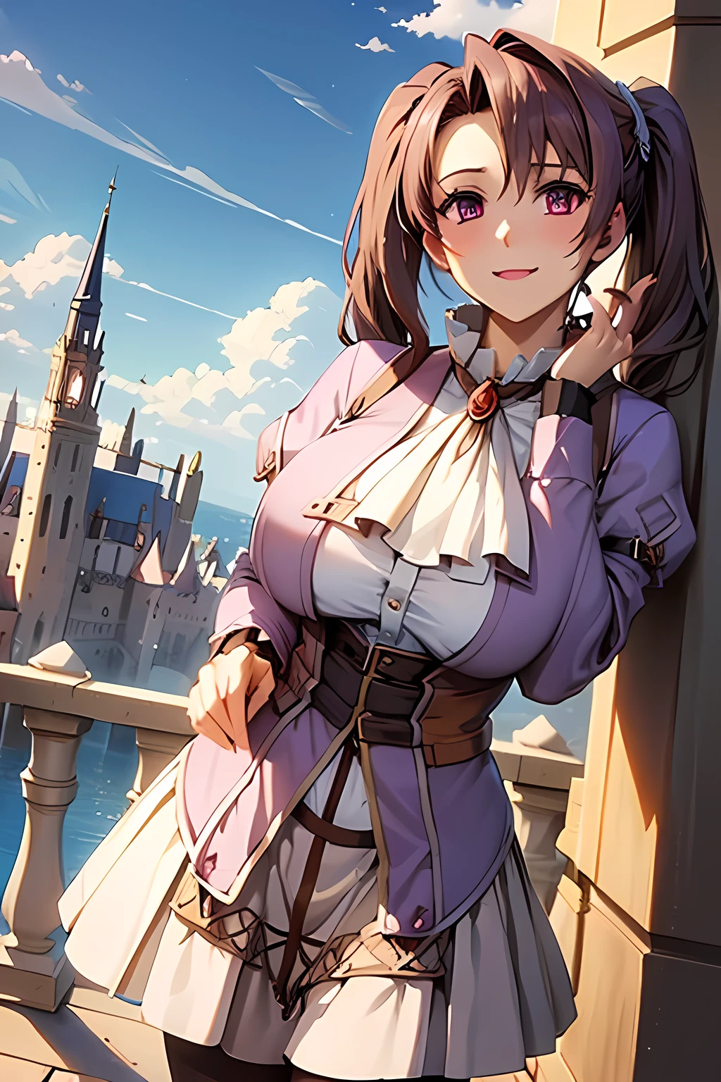 masterpiece, mischievous smile, light blush, looking at viewer, huge breasts, sexy pose, scEstelle, long twintails, (brown hair: 1.2), hairclip, ascot, purple jacket, white pleated skirt, pantyhose, open shirt, nipples, detailed castle in the background