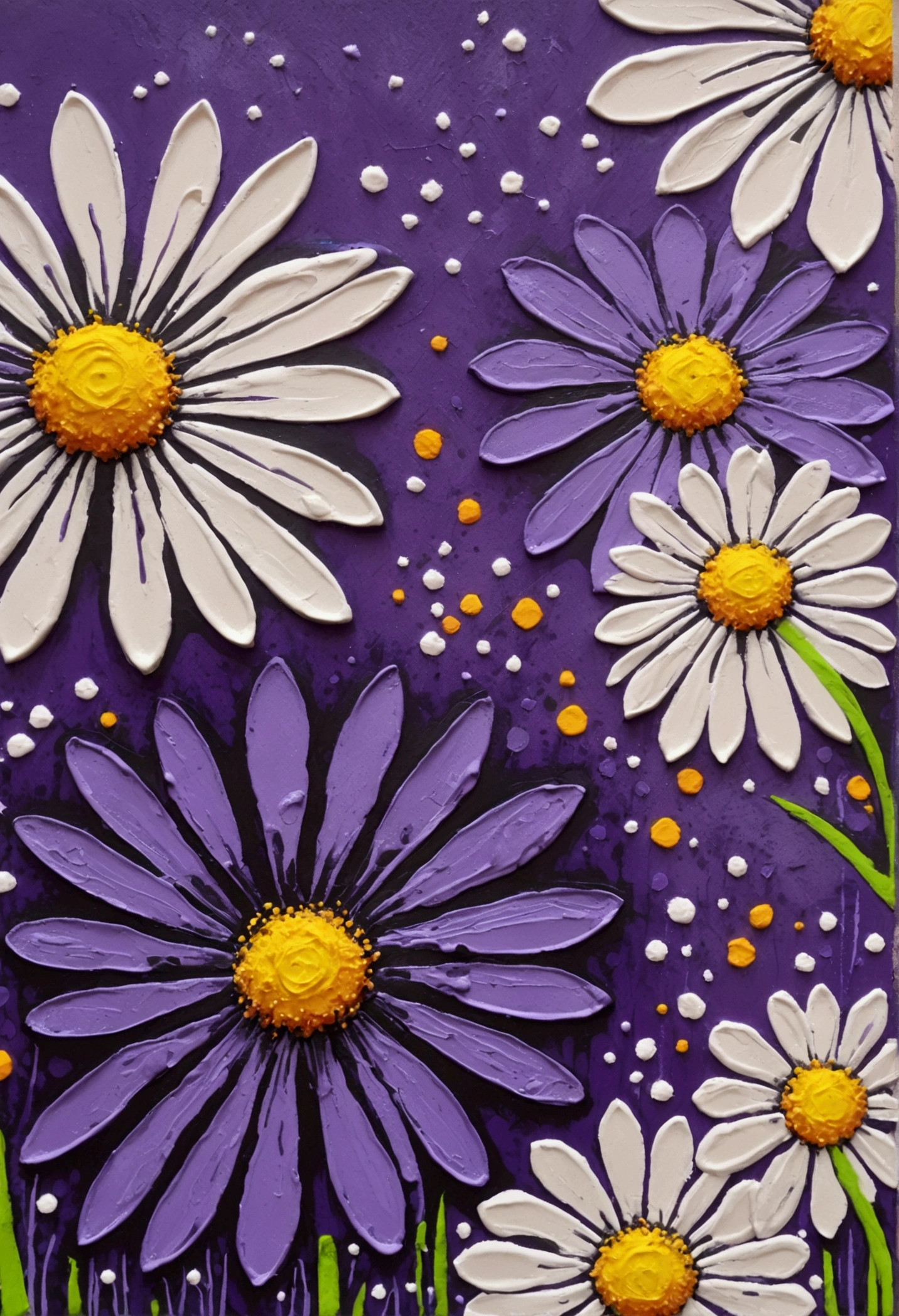 A painting，Inspired by Yayoi Kusama：(((Chalk painting，Oil stick painting，Volume，Thick coating，Uneven texture，Plaster texture，Graffiti，Dot)))。(Lime and Violet,Dandelion), Bright colors, Purple和, cute的, Bright colors，cute, Lavender Color and Color Schemes, 和Purple的配色方案,  Beautiful Art,  Purple, Whimsical Art, 和Purple色调,  Close together,, spring, Inspired by Tomokazu Matsuyama, Delightful