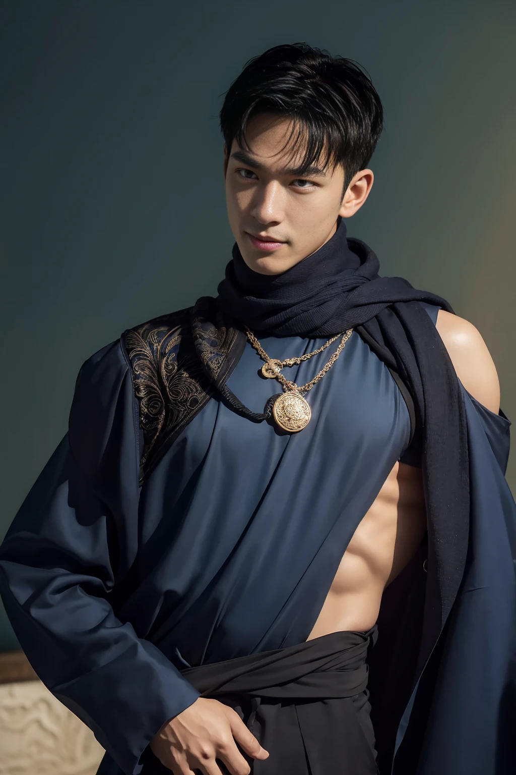top-quality、masterpiece、超A high resolution、(realisitic:1.4)、Detailed face、solo、1human male、The upper part of the body、Dark hair、glistning skin、dense skin、(asian human)、architectural、(absurderes、hight resolution、ultra-detailliert)、、1 male、Adults、(a 25-year-old man)、a handsome、tall muscular man、broad shoulder、extra very short hair、angular jaws、thick neck、thick eyebrow、extra very short hair、A dark-haired、fine eyes and detailed face、 Highly detailed CG Unity 8K wallpapers、intricate-detail、(Style Swirl Magic:0.7)、looking at the spectator、solo、(full body Esbian:0.6)、Detailed background、A detailed face、dynamicposes、、dynamic compositions、 big muscle、、((((bulge))))、a handsome、 ((masutepiece:1.4, Best Quality)), ((masutepiece, Best Quality)), (photographrealistic:1.4)、(((Sorcerer)))、grin, Surfing,、a smirk、Sunny and cloudy sky、(Complex blue long sleeve enchantment costume), scarf, the costume is too much revealing the tskin and thighs, fantasy Library Background:1.2), Photorealistic、cana、magic circles , bare thighs