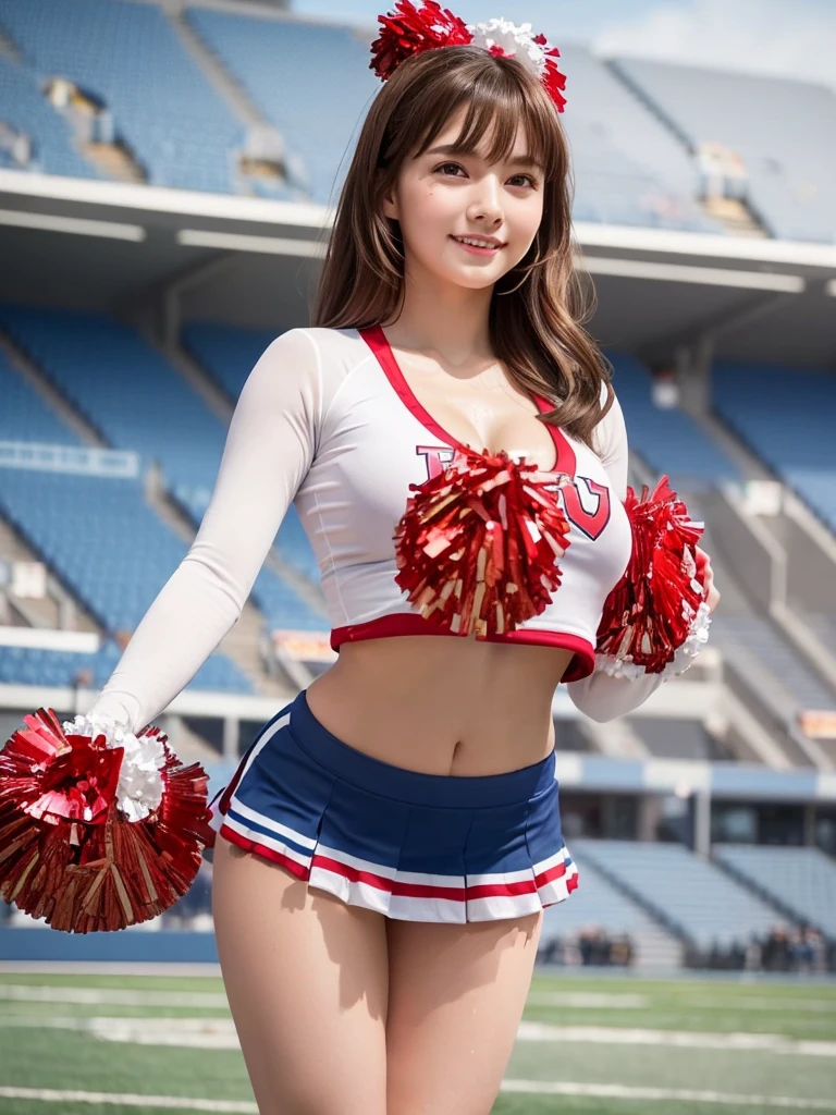 masterpiece,Highest quality,Very detailed,High resolution,(Realistic,photoRealistic:1.37),Excellent anatomy,One beautiful woman,18-year-old,height:152 cm,Red Cheerleader,(Holding big pom-poms in both hands:1.5),Big smile,cheer leading,Cheerleader uniform,(shape),Micro Pleated Mini Skirt,No underwear,((Very delicate and beautiful)),((Stadium Background:1.2)),Brown Hair,Long Hair,bangs,Very beautiful face,Cute type,Big Natural Color Lip,Small and cute nose,Big and pretty eyes,Brown eyes,Obvious double,Shiny highlight spots around the eyes,Character Focus,Tilt your head,The best light,Best Shadow,mysterious,Perfect Face,Very detailed,Soft Skin,(Glowing Skin,Sweaty:1.3),Beautiful legs,Voluptuous thighs,Plump body,Huge breasts,(Expresses the roundness and softness of the chest area..........1),Beautiful body,(Perfect Woman),Lift your legs,Skirt flip,Bold sexy pose,((cheer dance pose:1.5))