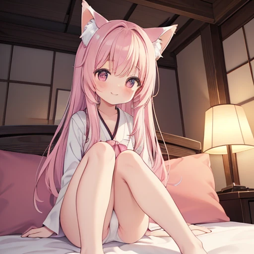 Highest quality, masterpiece, detailed, 1 person,,small,cute,blush,smile,White Baby Doll, Pink Hair,Long Hair,Cat ear,(Fox tail),Sitting on a white futon, (Cowgirl), From below, Cowboy Shot, (Japanese-style room), (darkness), Perfect Legs,barefoot