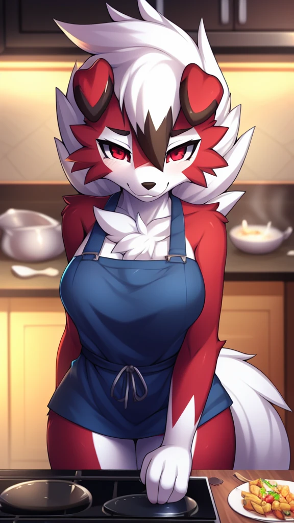 by zinfyu, por twistedscarlet60, uploaded to pixiv, por fluff-kevlar, (Masterpiece artwork), (best qualityer), (female solo: 1,2), (extremely detaild: 1,3), (eye detailed, black circle in the eye, eye pink) , midnight lycanroc, non-viewer viewing, Approximate view, shy face, retrato de meio corpo, just body and head, Approximate view, Wearing a bikini (putridity) wearing panties, in kitchen, serving lots of food, (Tailpussy: 1.1), close up photo of lycanroc, adult body posture 