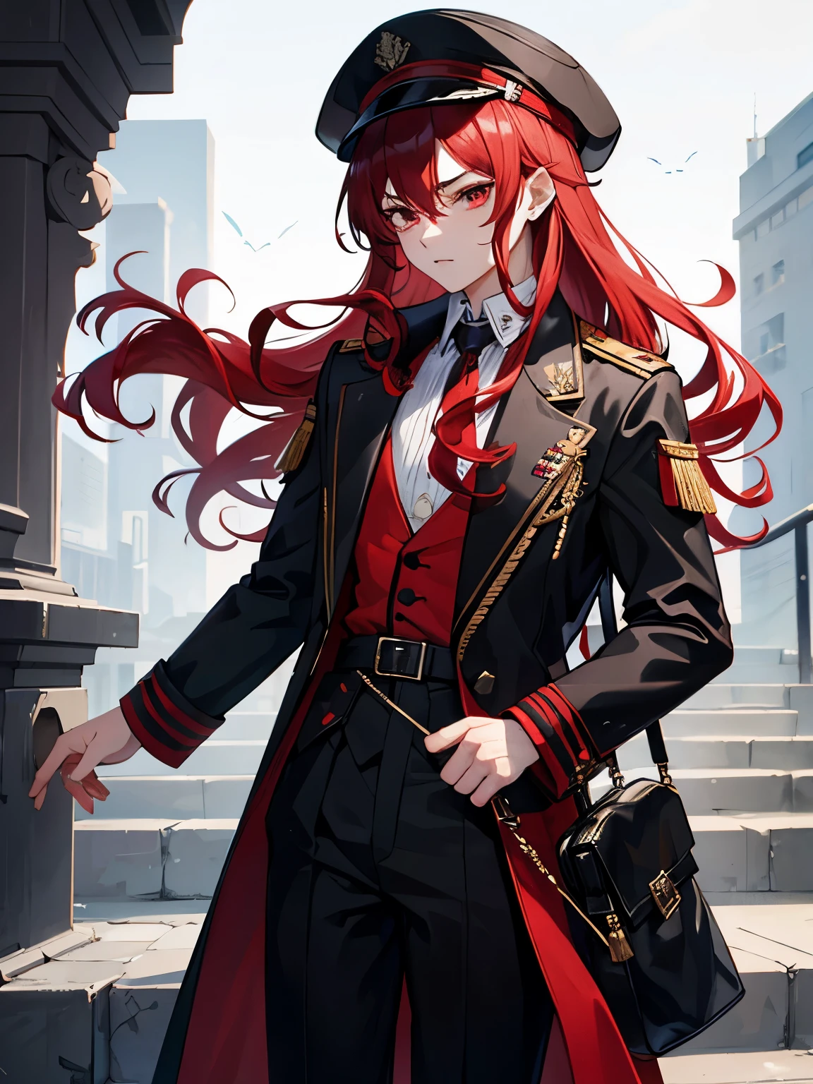 1boy,18 years old,cool,middle parted hairstyle,Curly hair, red hair, red eyes, long hair, vampire, handsome,,half hody photo, walking,Black army uniform, black army hat