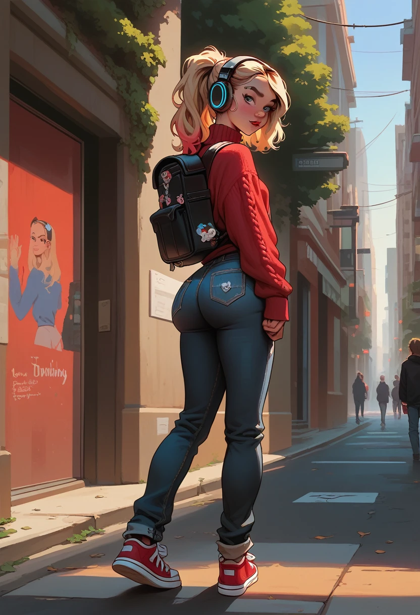 1girl, 18 years old, gwen stacy, small breasts,big ass, skateboarding, gray eyes, blondie hair, long hair, detailing face, detailing body, athletic body, red sweater, long sweater, jeans, red sneakers, street, new york, headphones, backpack, ponytail, back view