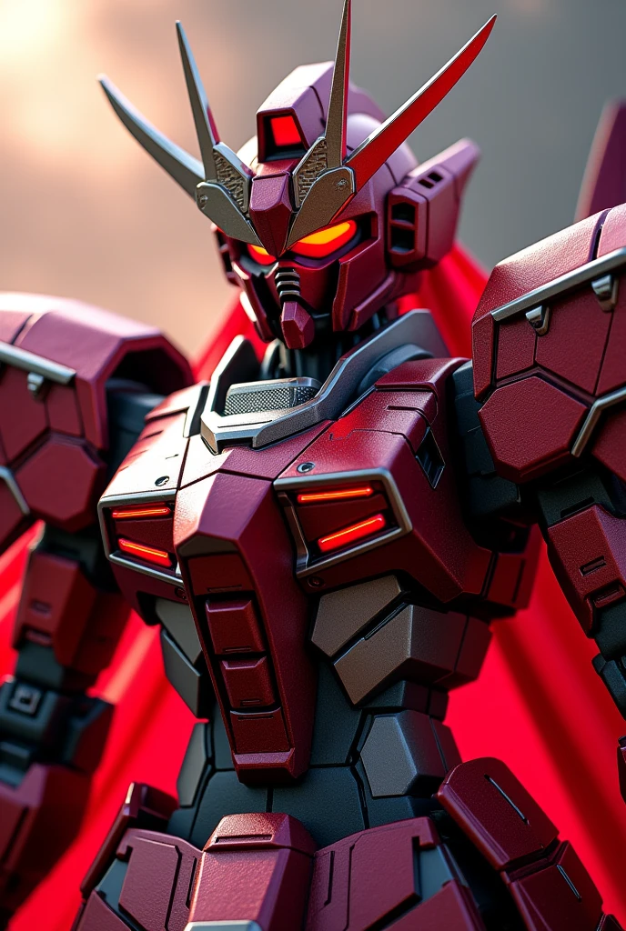 a highly detailed, red samurai gundam mech, glowing ruby eyes, intricate futuristic armor, katana sword, flowing samurai robes, dynamic pose, cinematic lighting, photorealistic, 8k, (best quality,4k,8k,highres,masterpiece:1.2),ultra-detailed,(realistic,photorealistic,photo-realistic:1.37),concept art, hyper detailed, sharp focus, 3d rende