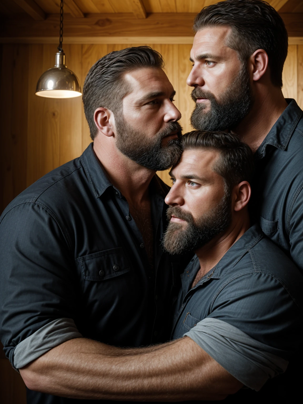 "8KUHD Create a professional studio-style photograph featuring two middle-aged, burly, hairy, beared big daddy bear,  and rugged man and his husband in lumberjack outfit. beards, very realistic hair, very realistic beards, very realistic mens clothing, very realistic detailed mens clothing. A man and his husband are kissing each other, their real faces almost close, realistically kissing each other, in a romantic and virile scene. Utilize all appropriate lighting techniques for studio photography. The background should be black." HDR
