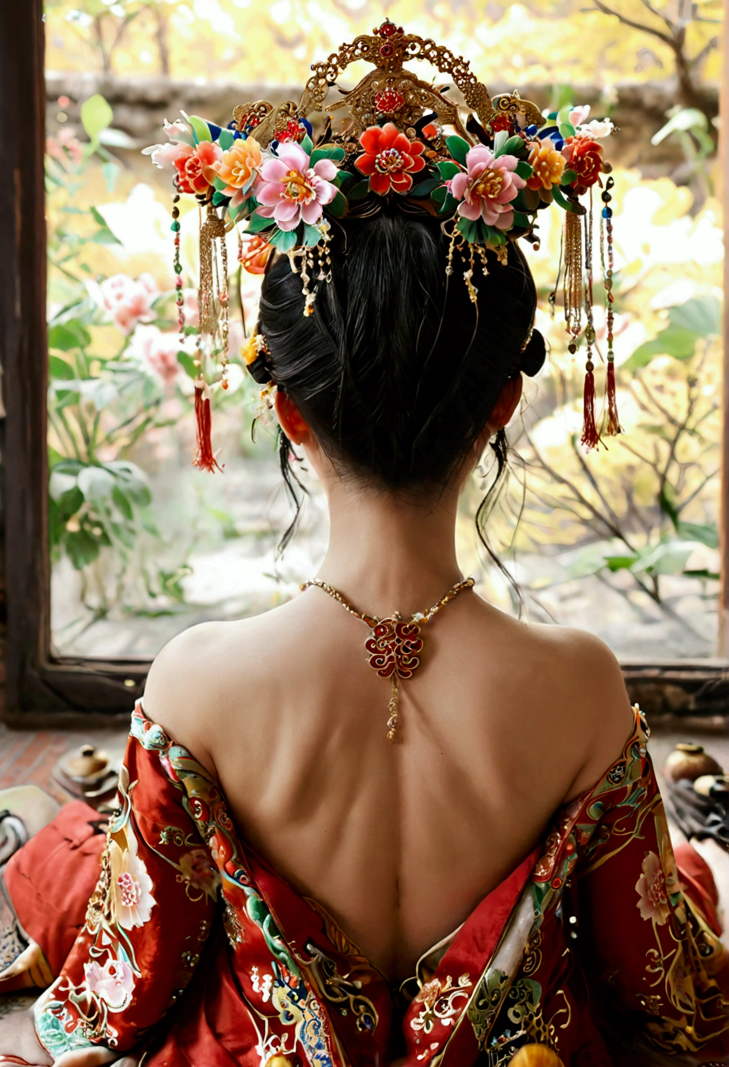 A woman seen from the front, bent over on the ground facing forward, legs spread apart, busty and naked, wearing a crown and showing her thighs and feet from below, in the Chinese imperial court of the Qing dynasty.。She is completely naked, showing off her gorgeous large flowers and hairpins, her hair tied up and pulled up, and the background is the outside of the Qing Dynasty palace.