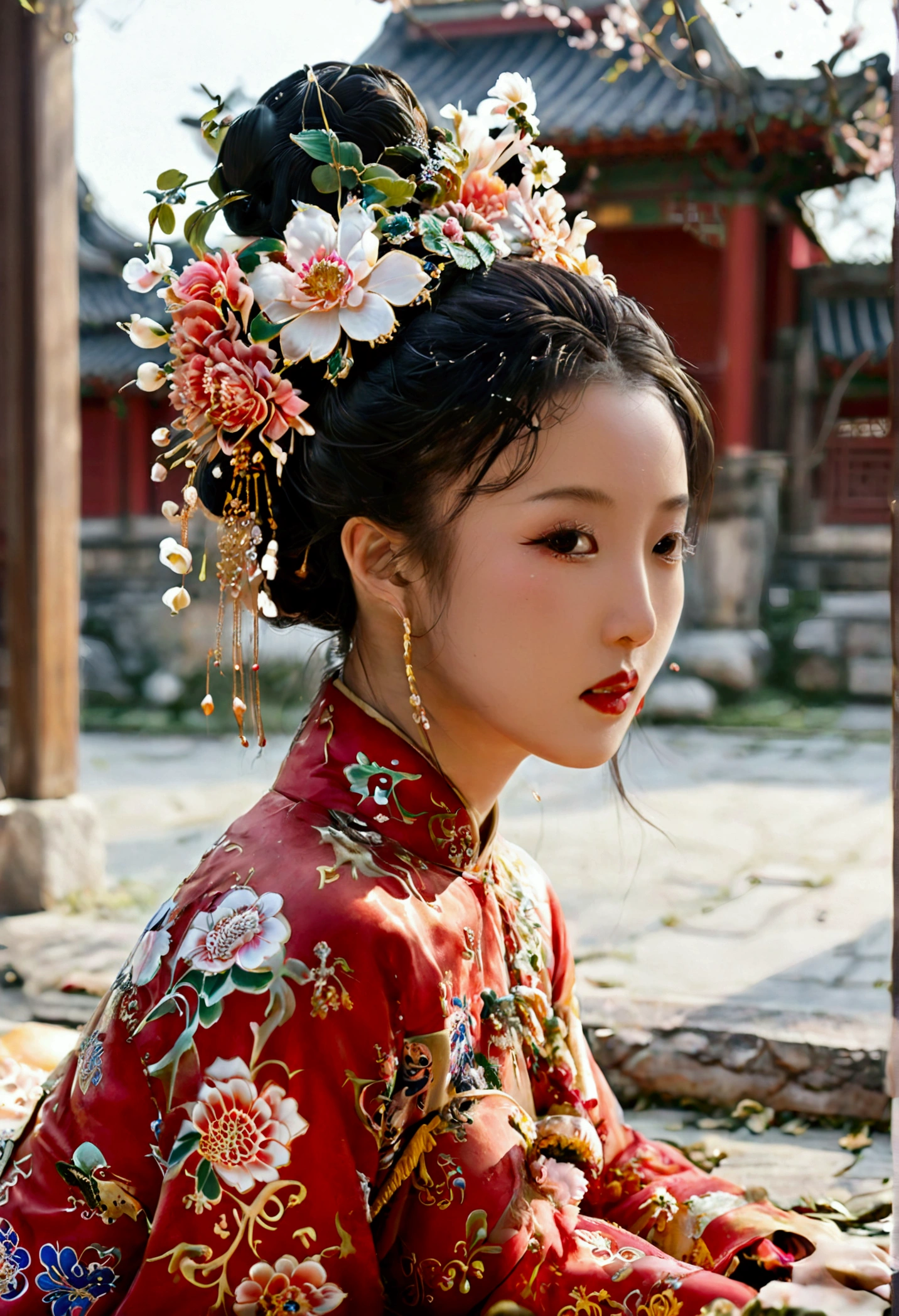 A woman seen from the front, bent over on the ground facing forward, legs spread apart, busty and naked, wearing a crown and showing her thighs and feet from below, in the Chinese imperial court of the Qing dynasty.。She is completely naked, showing off her gorgeous large flowers and hairpins, her hair tied up and pulled up, and the background is the outside of the Qing Dynasty palace.
