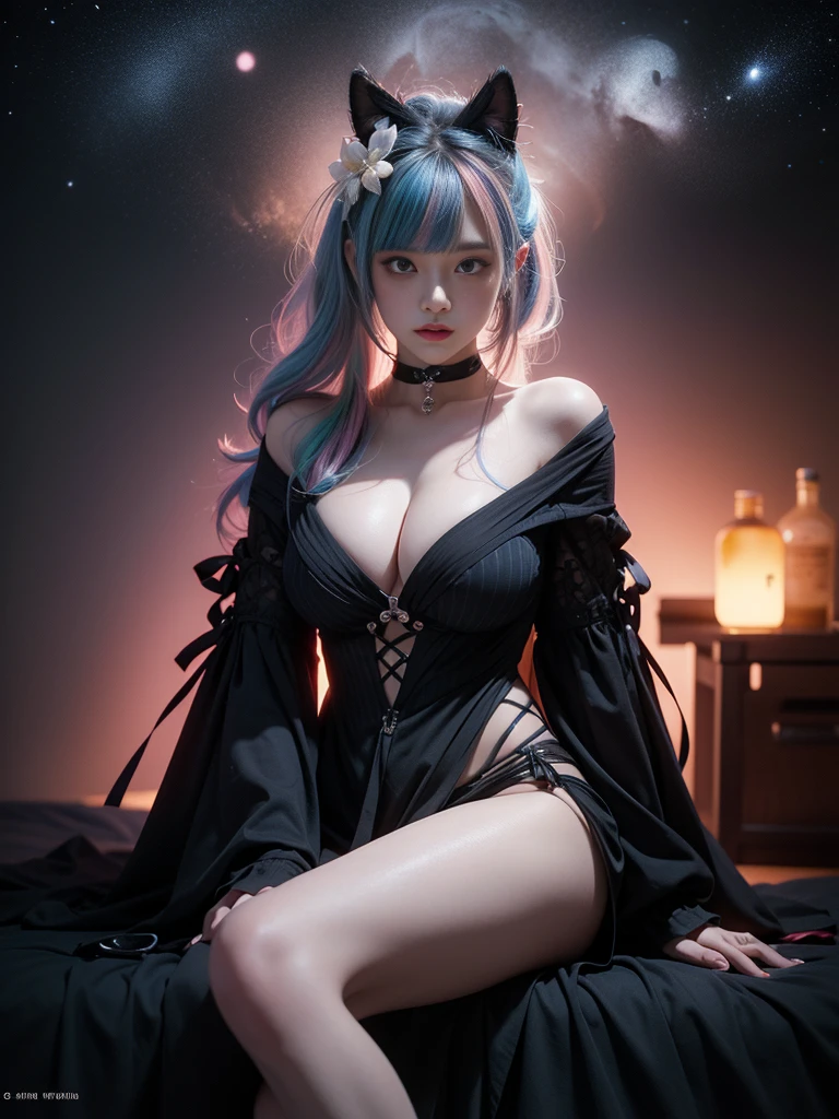 Multi-colored hair,Striped hair,Cross Bangs,Messy hair,Colored contact lenses,Flower-shaped pupil,make up,shy,Blush,Parted lips,Heavy breathing,moan,torogao,Surrealism,Realism,Movie Lighting,Relief,Sony FE GM,Retina,masterpiece,precise,Anatomically correct,Textured Skin,Super Detail,High Detail,best quality,Beautiful dance dynamics, Long legs , Random scenes,Random shooting angles, ((Flowing long hair))Official Art , ((Bright pastel colors)), Unity8k Wallpaper , Extremely detailed , Visible cleavage, Pretty and beautiful , Sexy long legs, masterpiece , best quality ,Practical, Very detailed illustrations ,Extremely detailed , Intricate details , Extremely complex and detailed , Very detailed 8KCG wallpaper , Caustics .reflection , Ray Tracing , Devil Theme ,nebula ,Dark aura, Network Effects , (1 Girl)Solitary , (Blue plasma flame , Pastel tones in Rococo style ,light white and light red , Incredibly beautiful , Cherry blossoms ,painting , Ethereal , Mixing reality and fantasy elements, Complex patterns , Delicate lines, Starry Sky , rich and colorful , Star