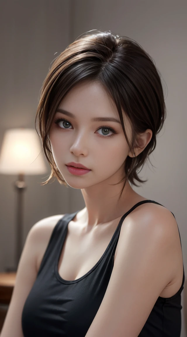 8K Ultra HD、RAWphotograph、モデルphotograph撮影、 European Fashion、(masterpiece、Highest quality、Realistic、High resolution、photograph:1.3)、close、focus on、Hot Model、slim、30 year old mature woman、Small face、No makeup、short hair、Beautiful dark brown Hayne eyes、Genuineスキン、(Perfect body)、Sexy hot face、sexual sight、slim、dress、Long sleeve、Beautiful eyes in every detail、Glossy lips、Small breasts、Small breasts、((Bright light、Dynamic Lighting、Genuine、超Genuine、 realism、Genuineなディテール、Cool Beauty、Cool pose、Background gray、Plain gray background