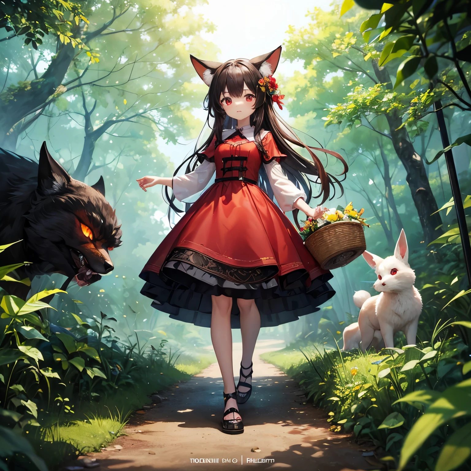 Deep in the dense forest,Xiaomi wearing a red dress,Holding a small flower basket in hand,Walking on a winding path。Her expression was full of surprise and a hint of fear.,Because suddenly there appeared a huge、Big scary monster,The monster has sharp teeth and flashing red eyes。 However,Around Xiaomi,The animals have gathered to protect her.。There was a clever little fox standing beside her,A pair of cute little rabbits are jumping from behind,There is a brave little bird flying in the sky。These little animals have firm eyes.,Close unity with each other,Facing the huge monster together。The cover background is a dark green forest,Full of mystery and danger。 The cover title uses hand-drawn style letters,Bright colors,Matching the story's childlike atmosphere。The entire cover conveys a tense but hopeful atmosphere,Makes young readers want to turn the pages,Discover the story of how Xiaomi and her friends overcame the dangers。